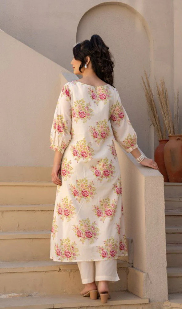 Manjula Caramel Floral Cotton Kurta Pant Set - Image 9