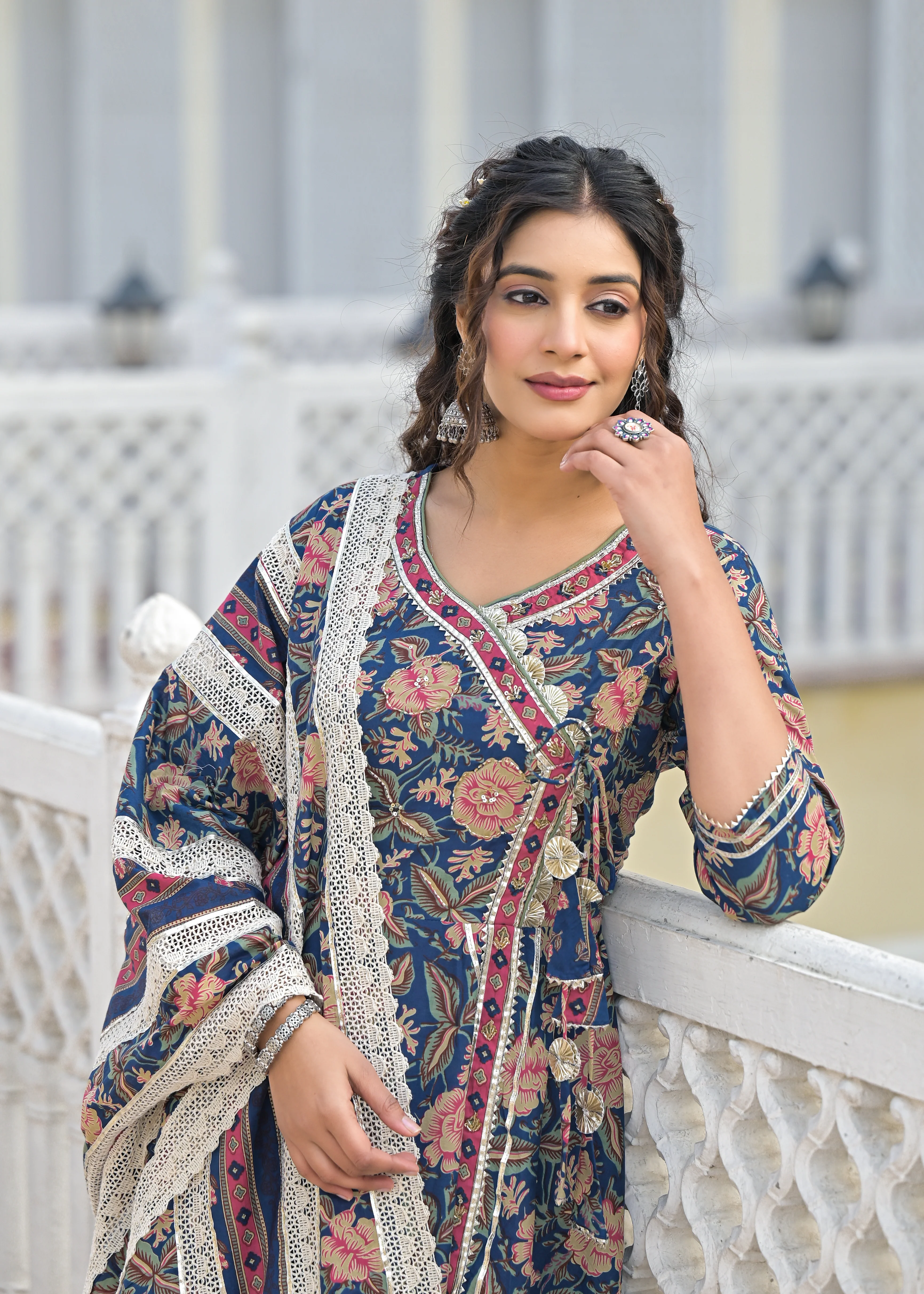 Ishika Navy Premium Cotton Anarkali Suit Set - Image 2