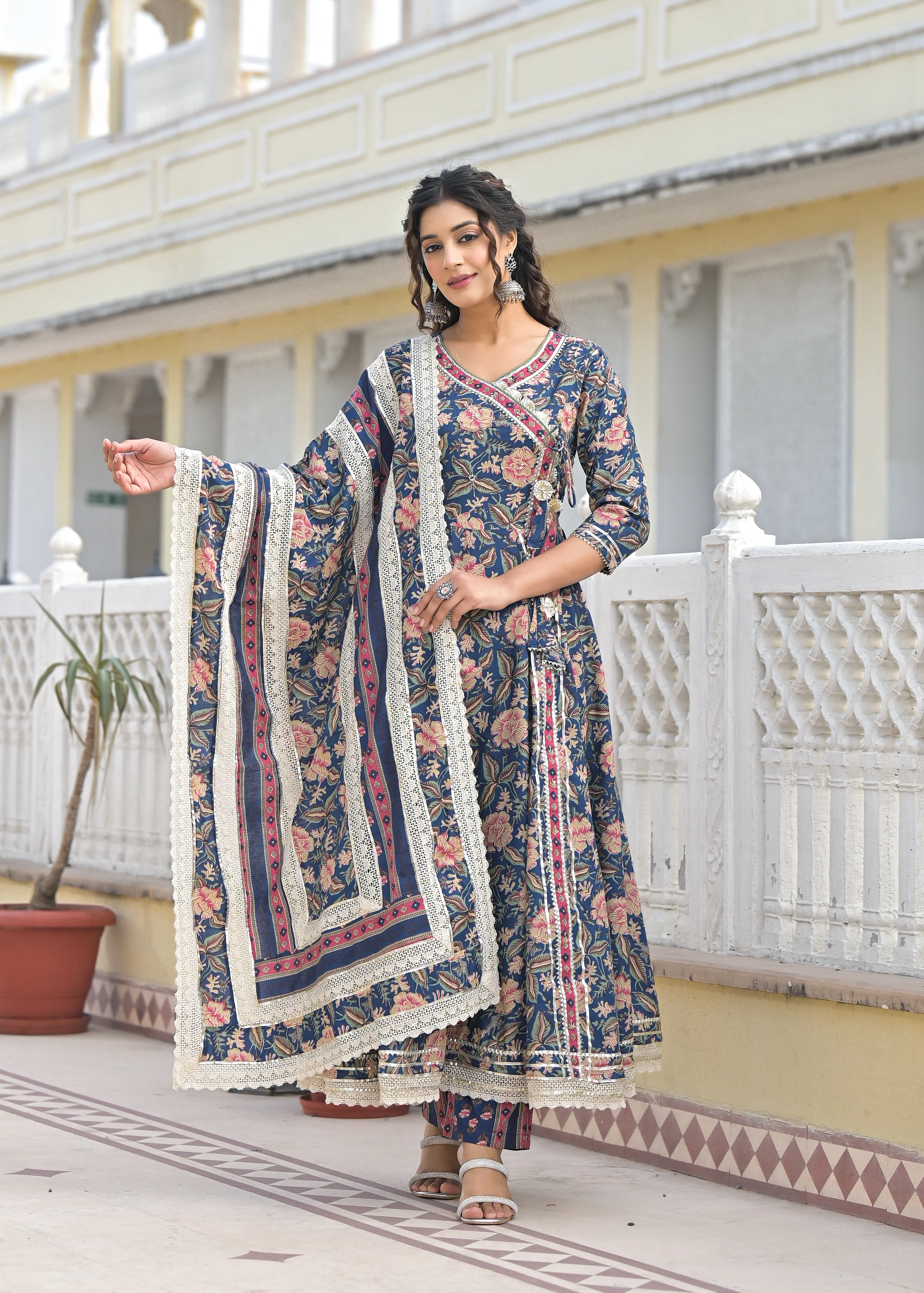 Ishika Navy Premium Cotton Anarkali Suit Set - Image 3