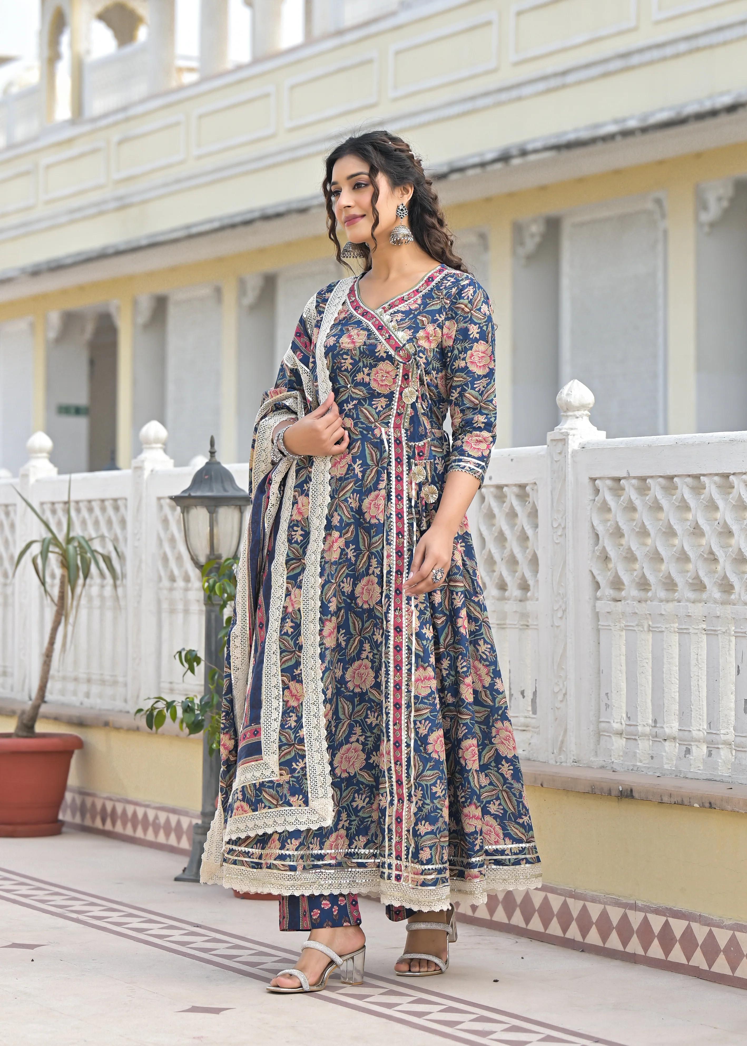Ishika Navy Premium Cotton Anarkali Suit Set - Image 4