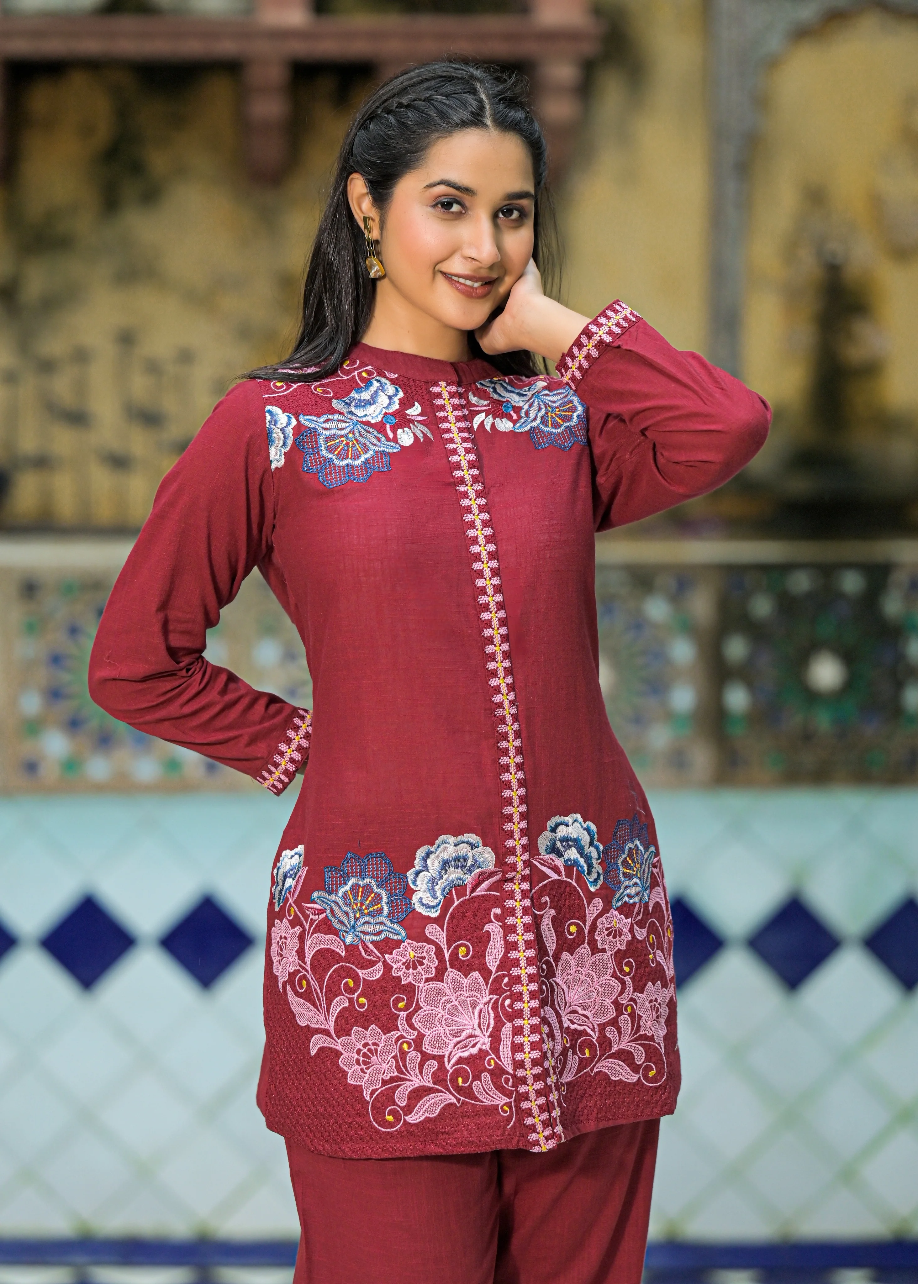 Sanjana Burgundy Embroidered Co-ord Set - Image 2