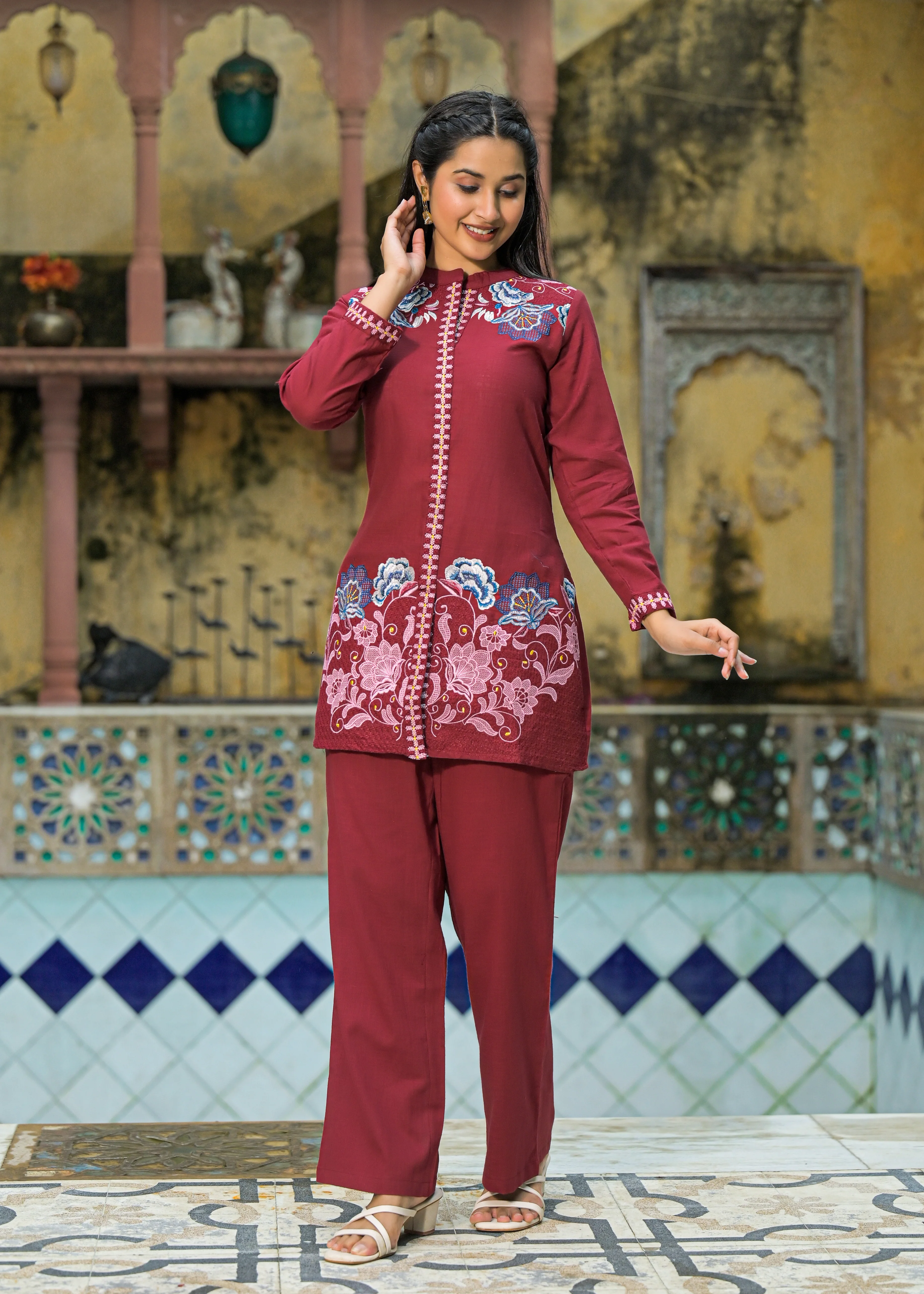 Sanjana Burgundy Embroidered Co-ord Set - Image 3