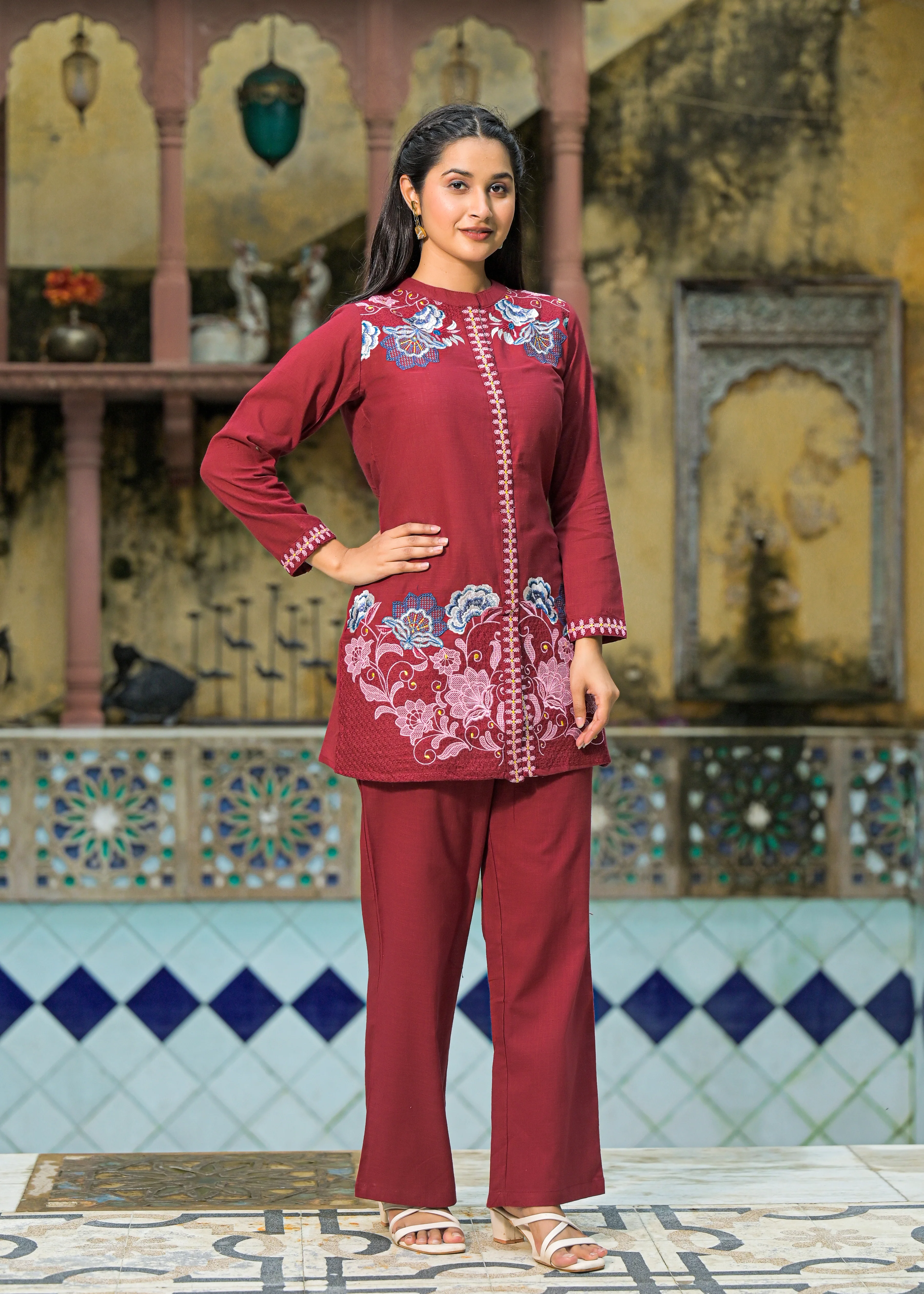 Sanjana Burgundy Embroidered Co-ord Set - Image 6