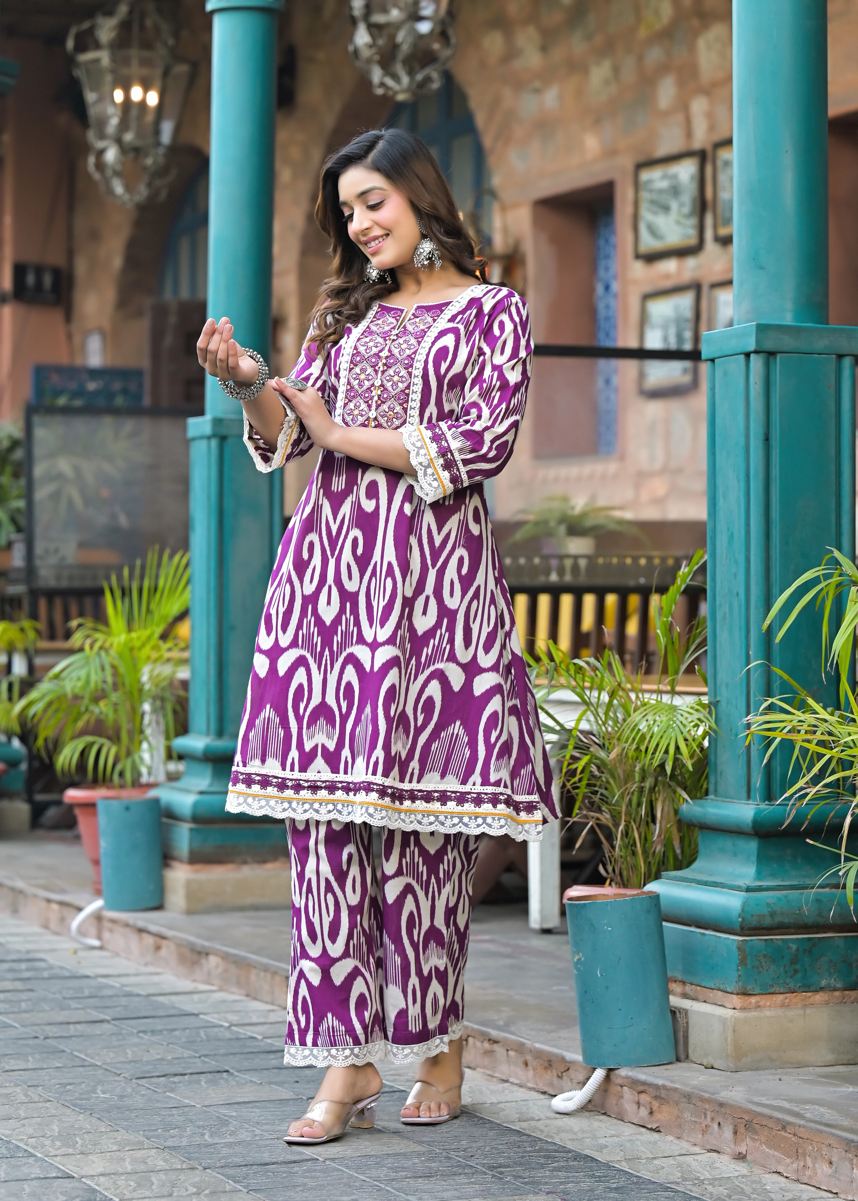 Pavitra Plum Ikat Print Cotton Co-ord Set - Image 5