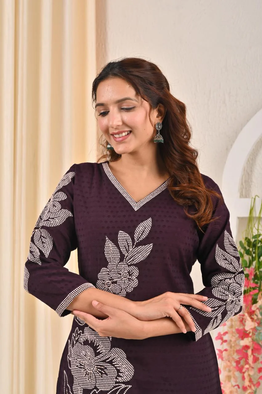 Sarvari Wine Embroidered Kurti - Image 2