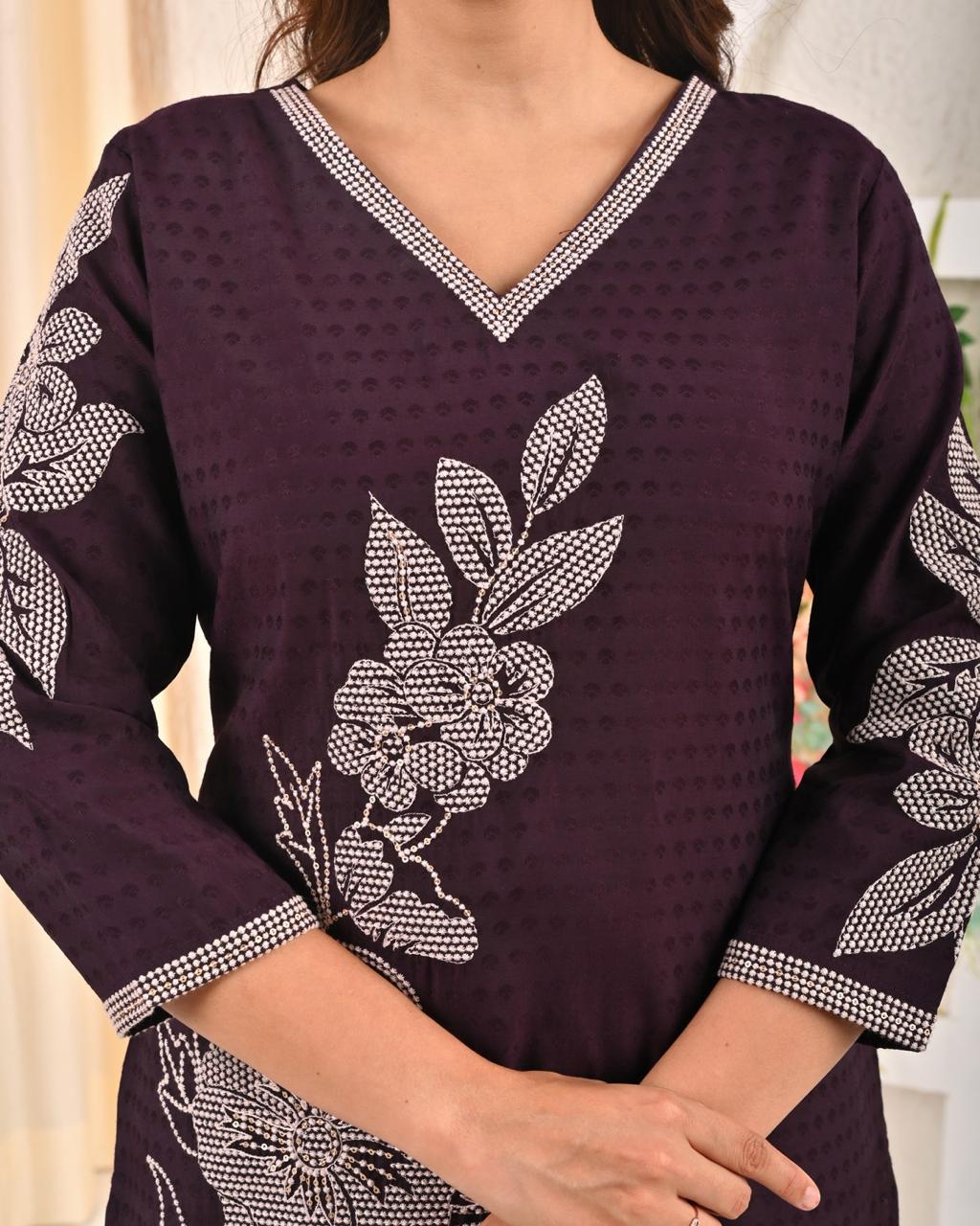 Sarvari Wine Embroidered Kurti - Image 4