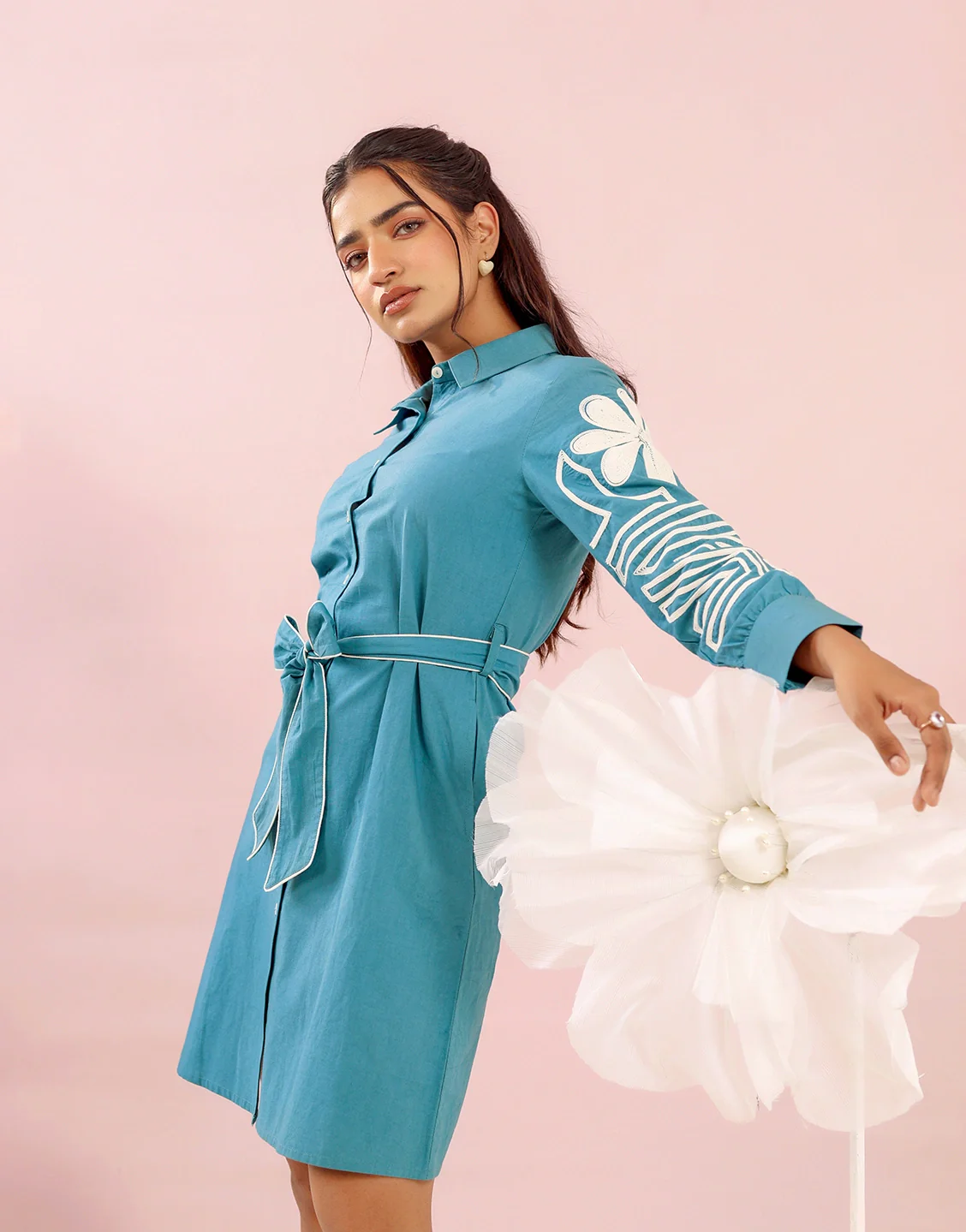 Purna Teal Embroidery Cotton Dress - Image 5
