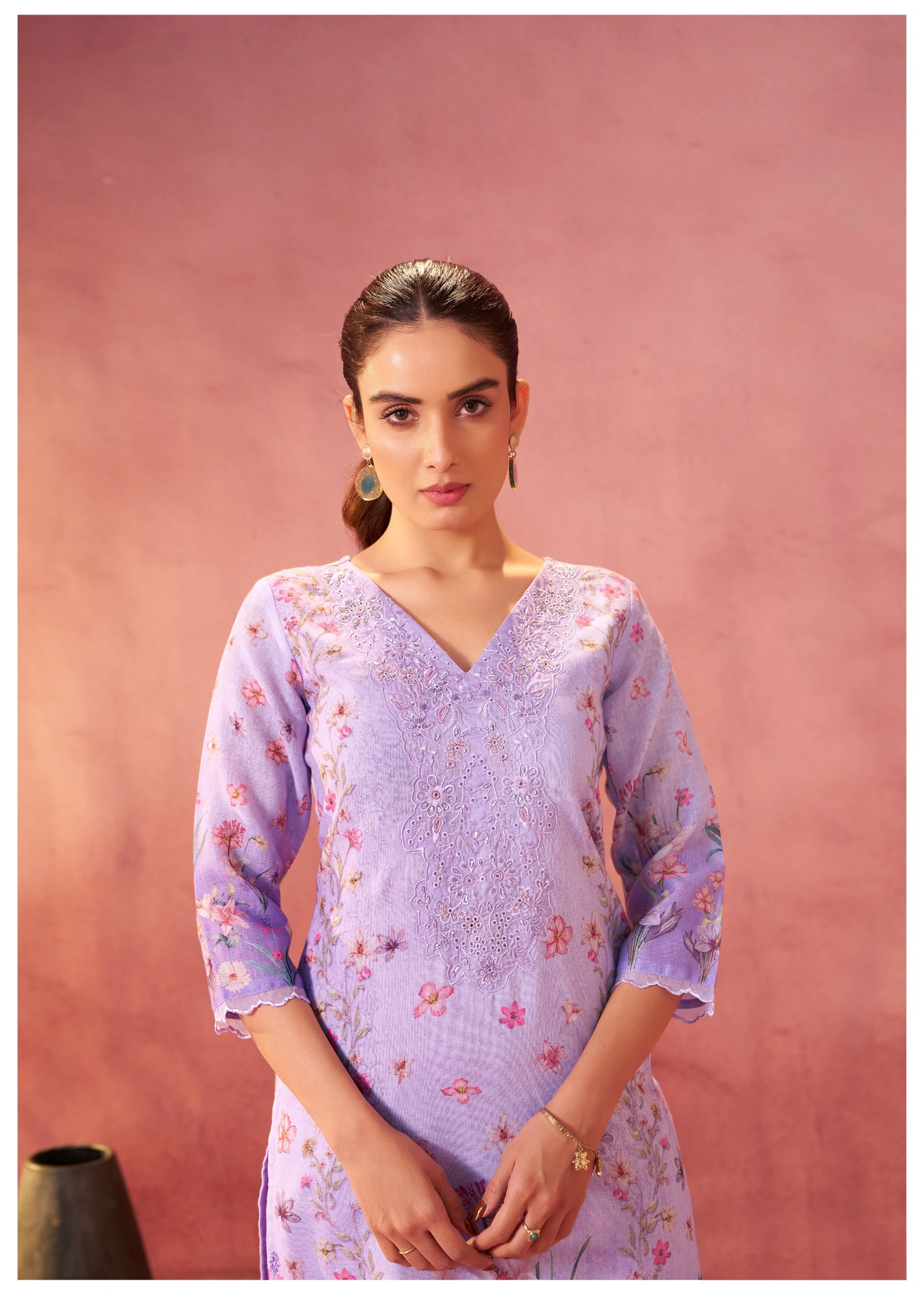 Lalitha Orchid Floral Linen Work Suit Set - Image 2