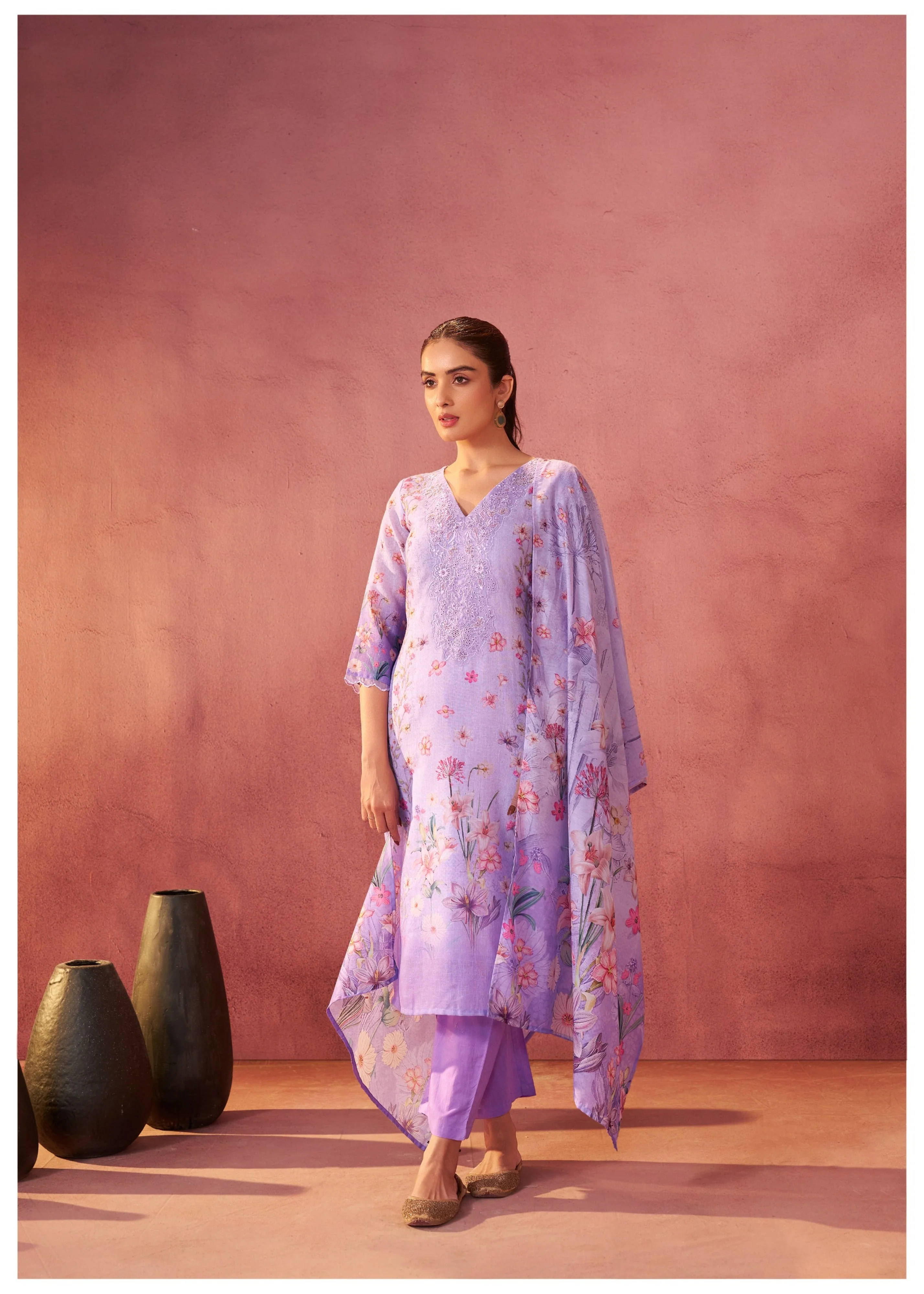 Lalitha Orchid Floral Linen Work Suit Set - Image 5