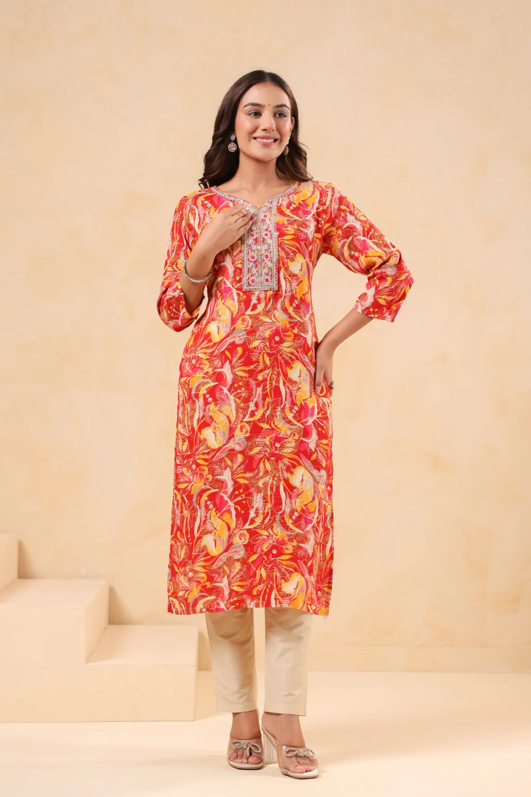 Varisha Coral Printed Work Kurti - Image 4