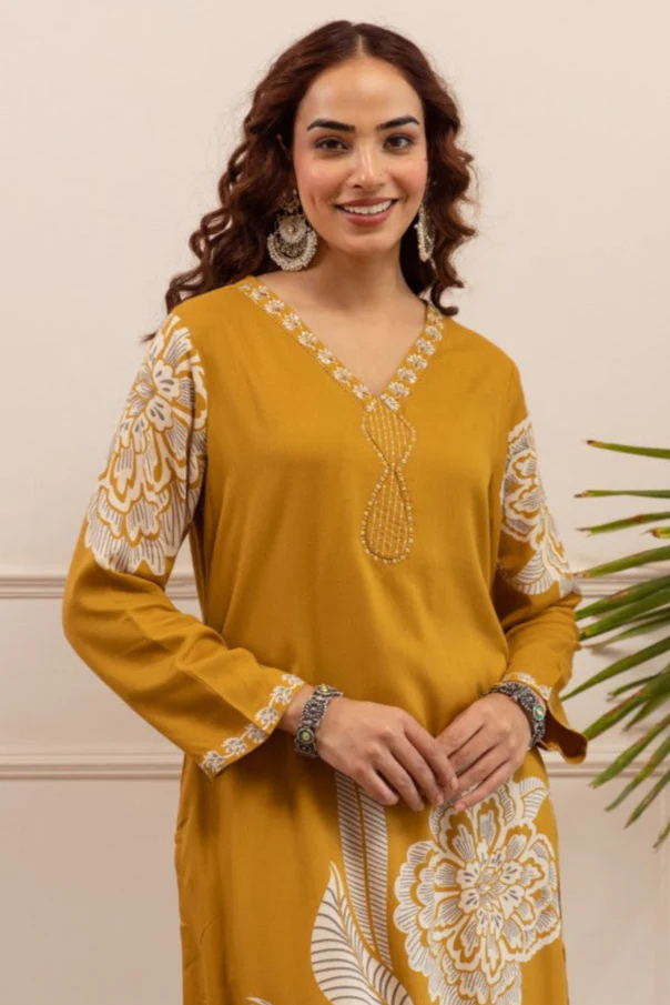 Sonpal mustard printed kurta pant set - Image 2