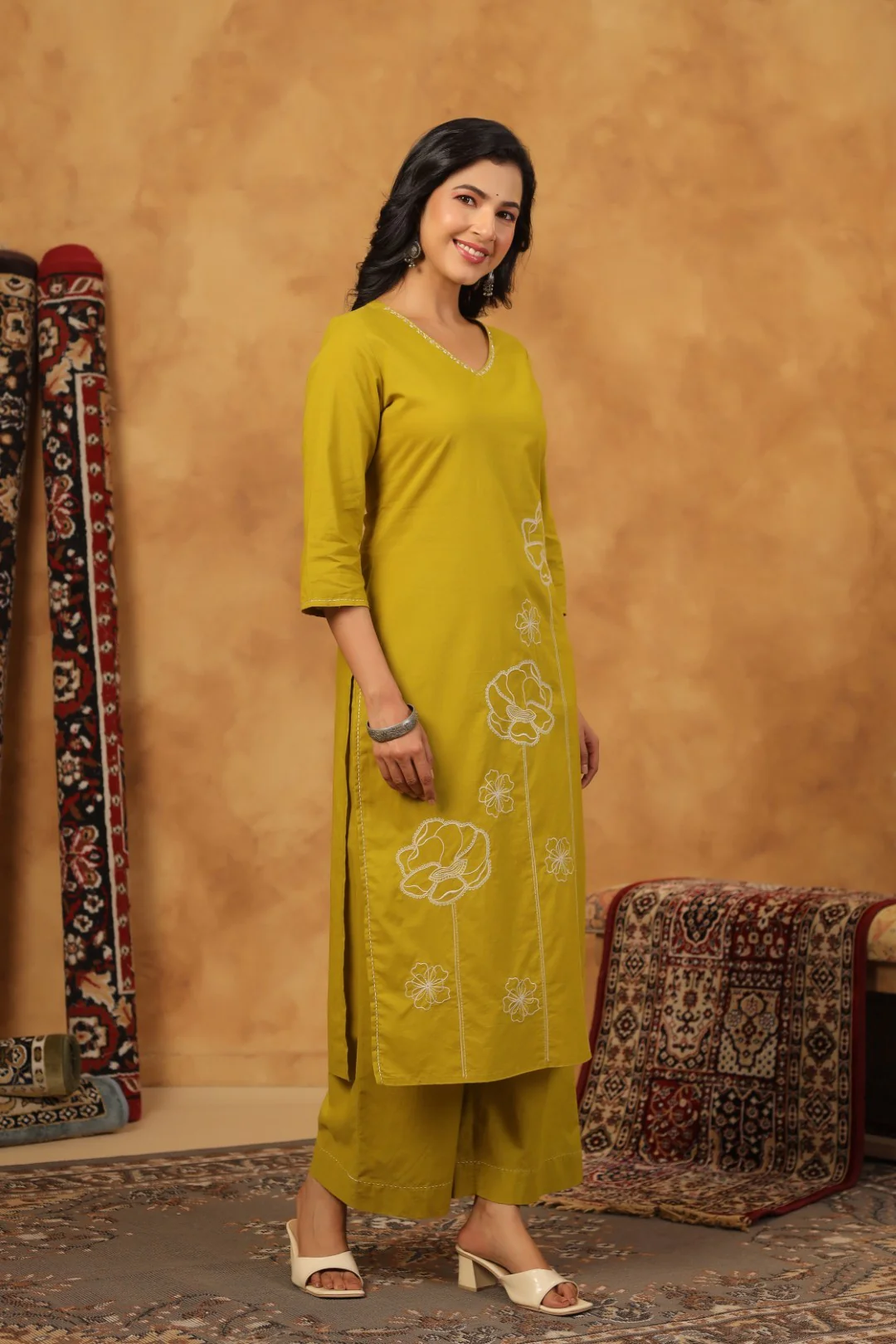 Ridhika Pear Cotton Embroidered Kurta Pant Set - Image 4