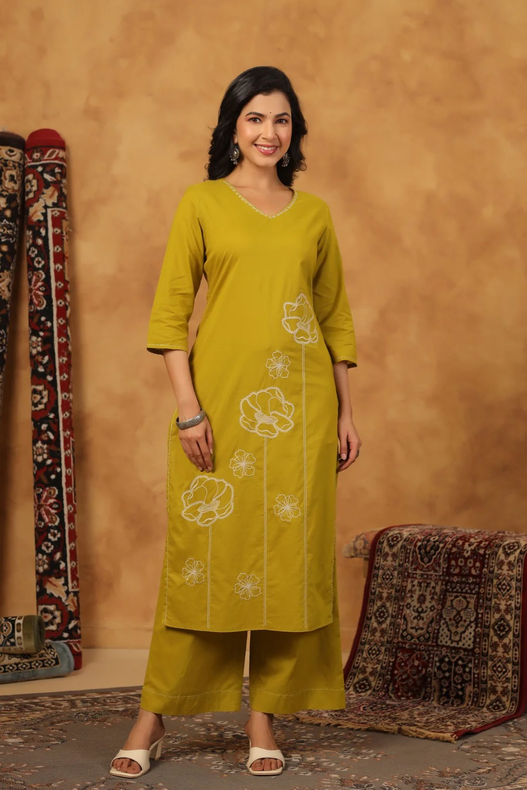 Ridhika Pear Cotton Embroidered Kurta Pant Set - Image 8