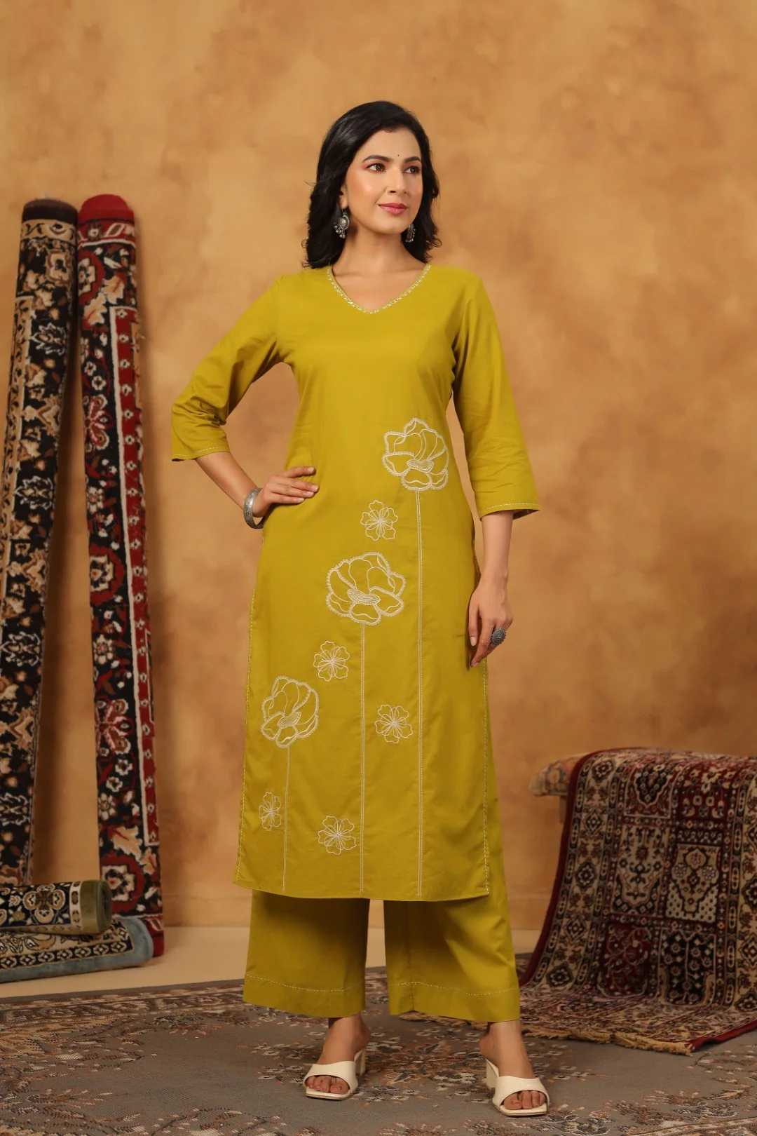 Ridhika Pear Cotton Embroidered Kurta Pant Set - Image 9