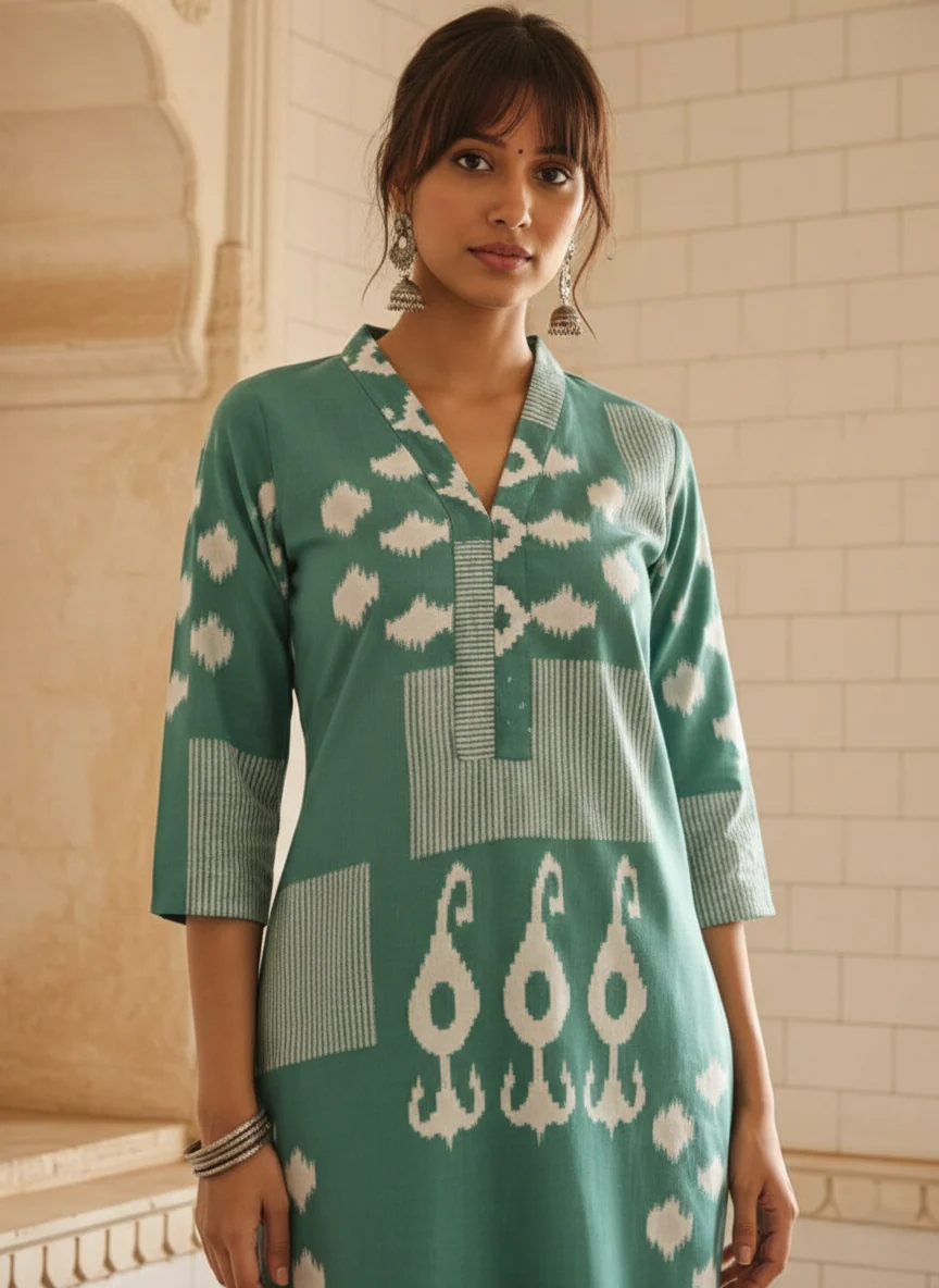 Swades teal cotton kurta pant set - Image 2