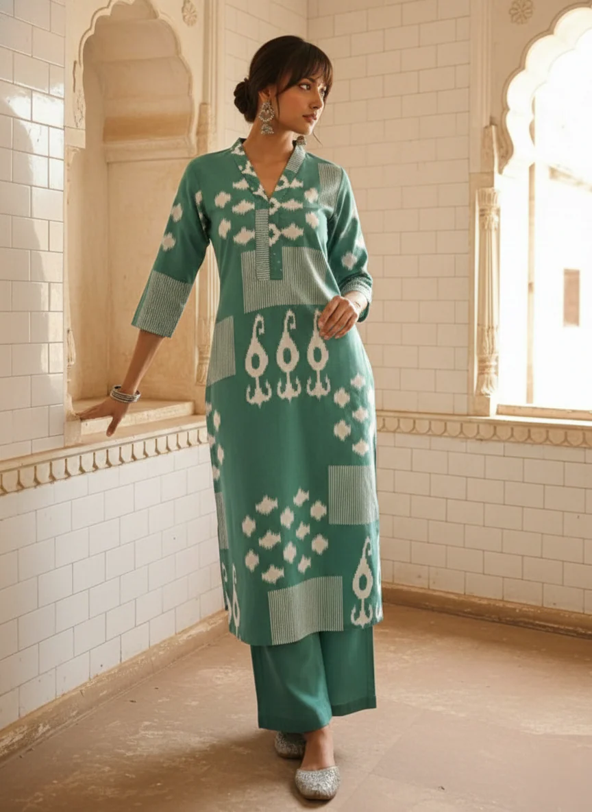 Swades teal cotton kurta pant set - Image 3