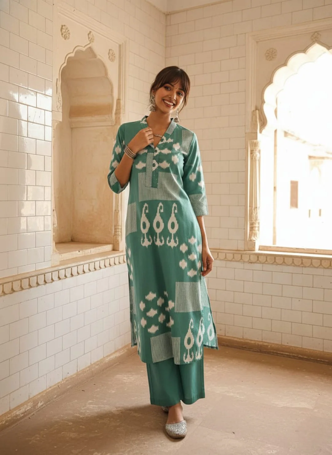 Swades teal cotton kurta pant set - Image 4