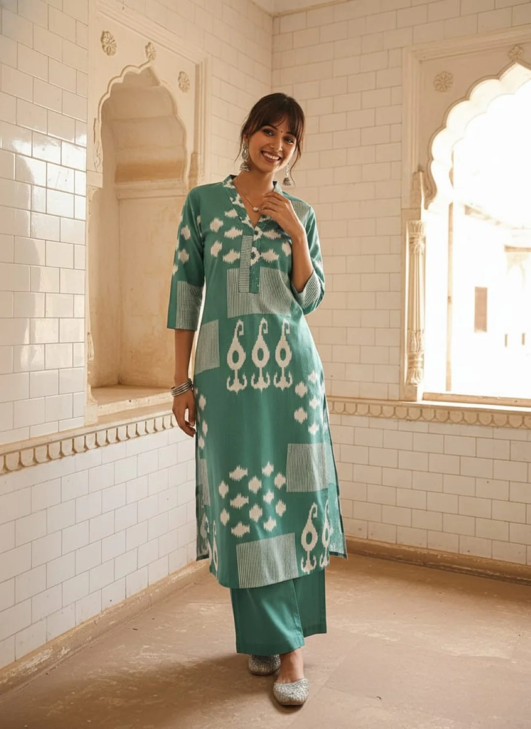 Swades teal cotton kurta pant set - Image 5