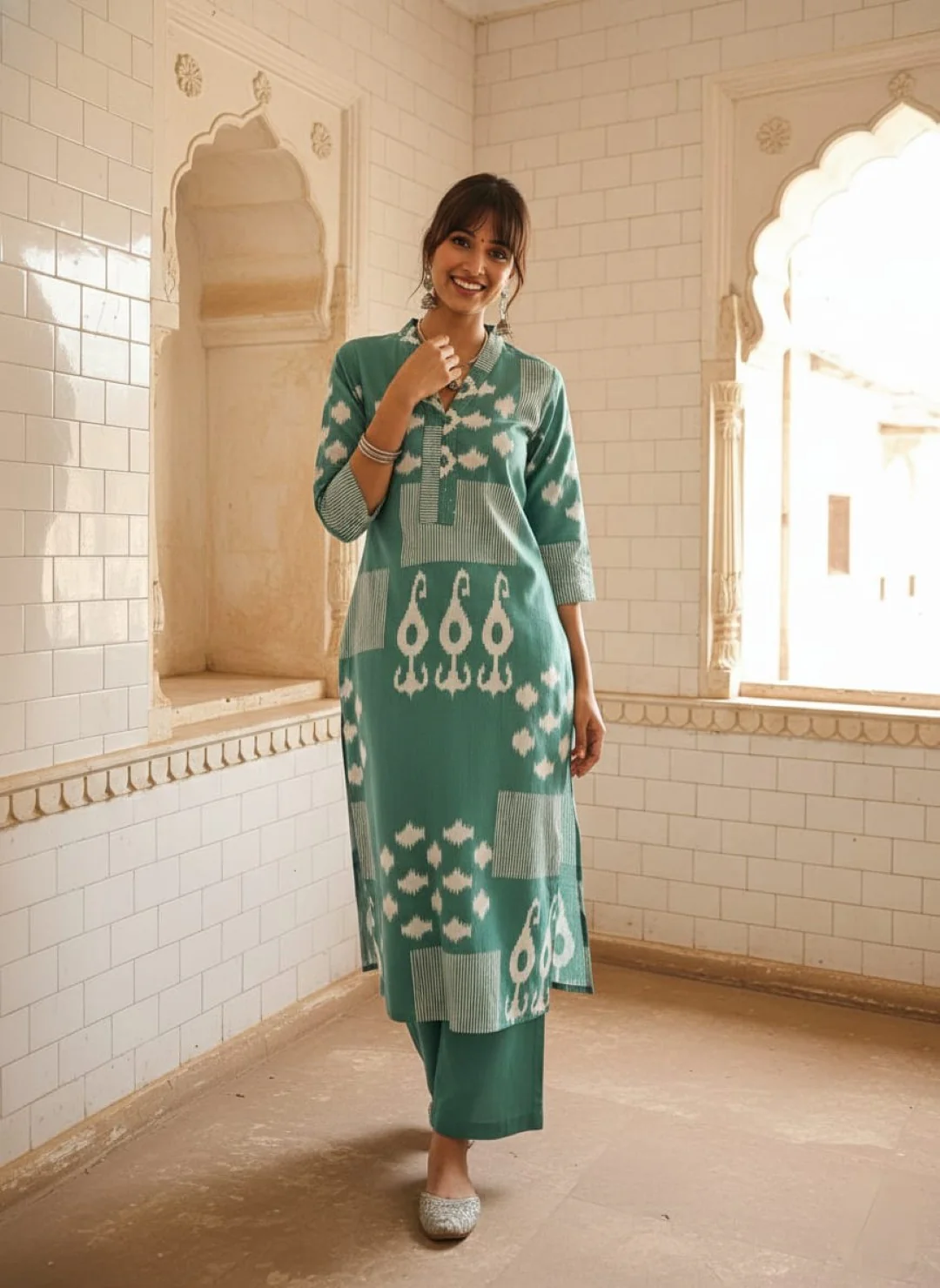 Swades teal cotton kurta pant set - Image 6