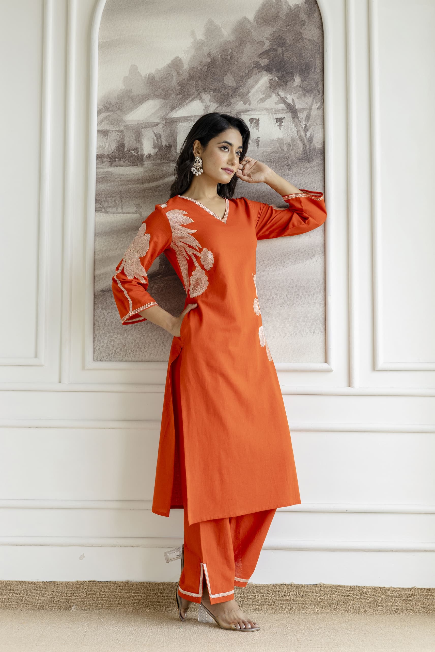 Samiha apricot embroidery Kurta pant set - Image 3