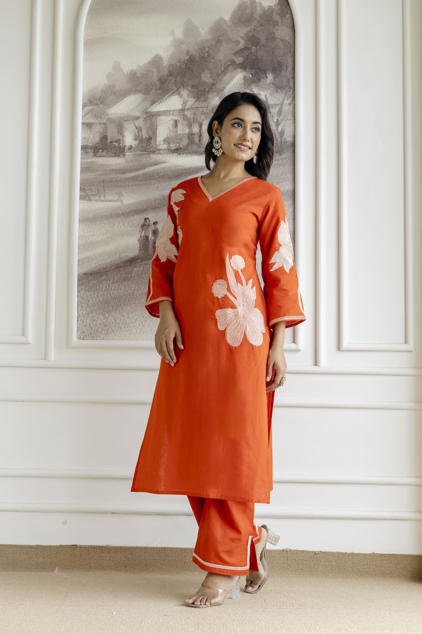 Samiha apricot embroidery Kurta pant set - Image 4