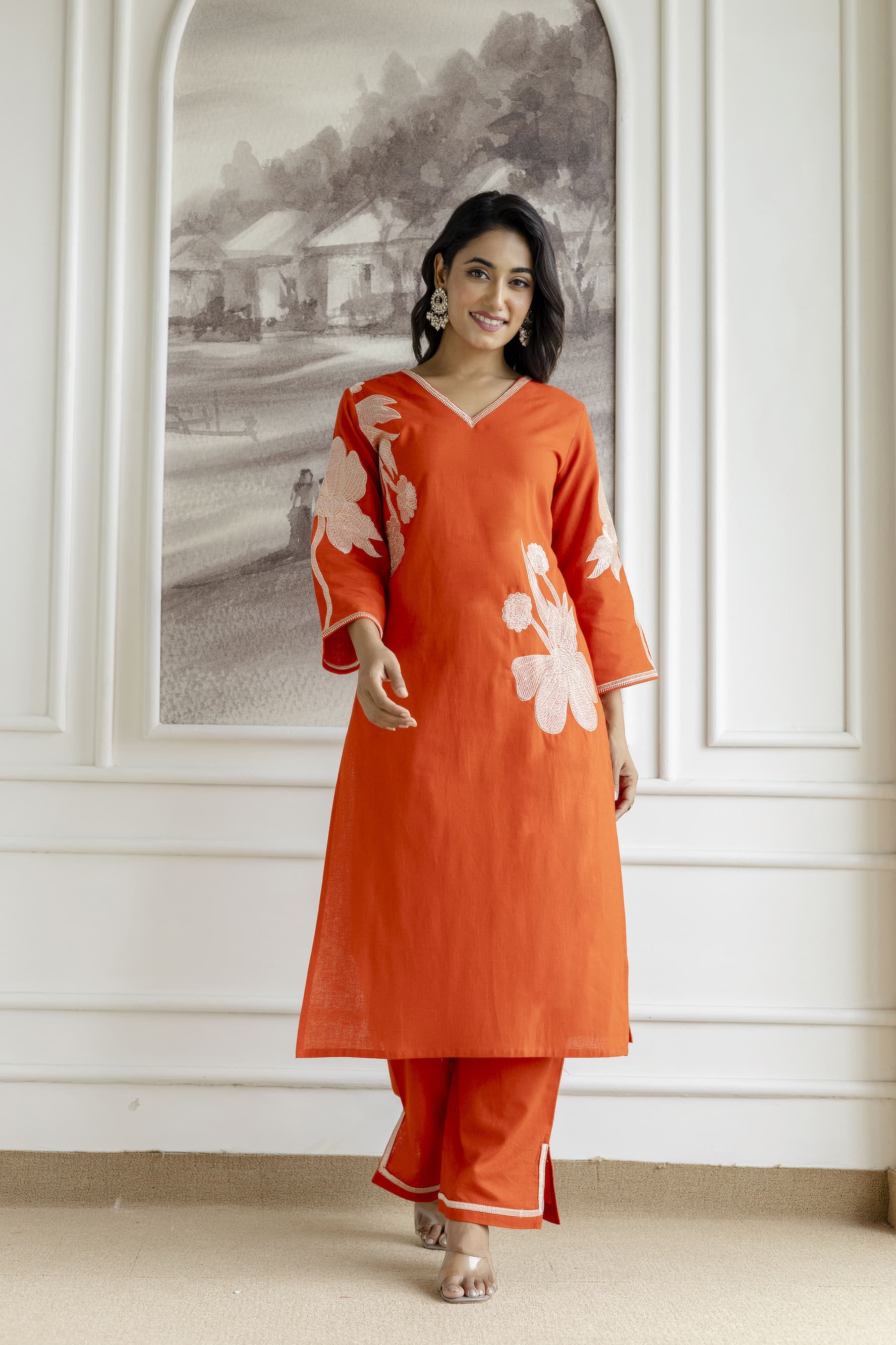 Samiha apricot embroidery Kurta pant set - Image 5