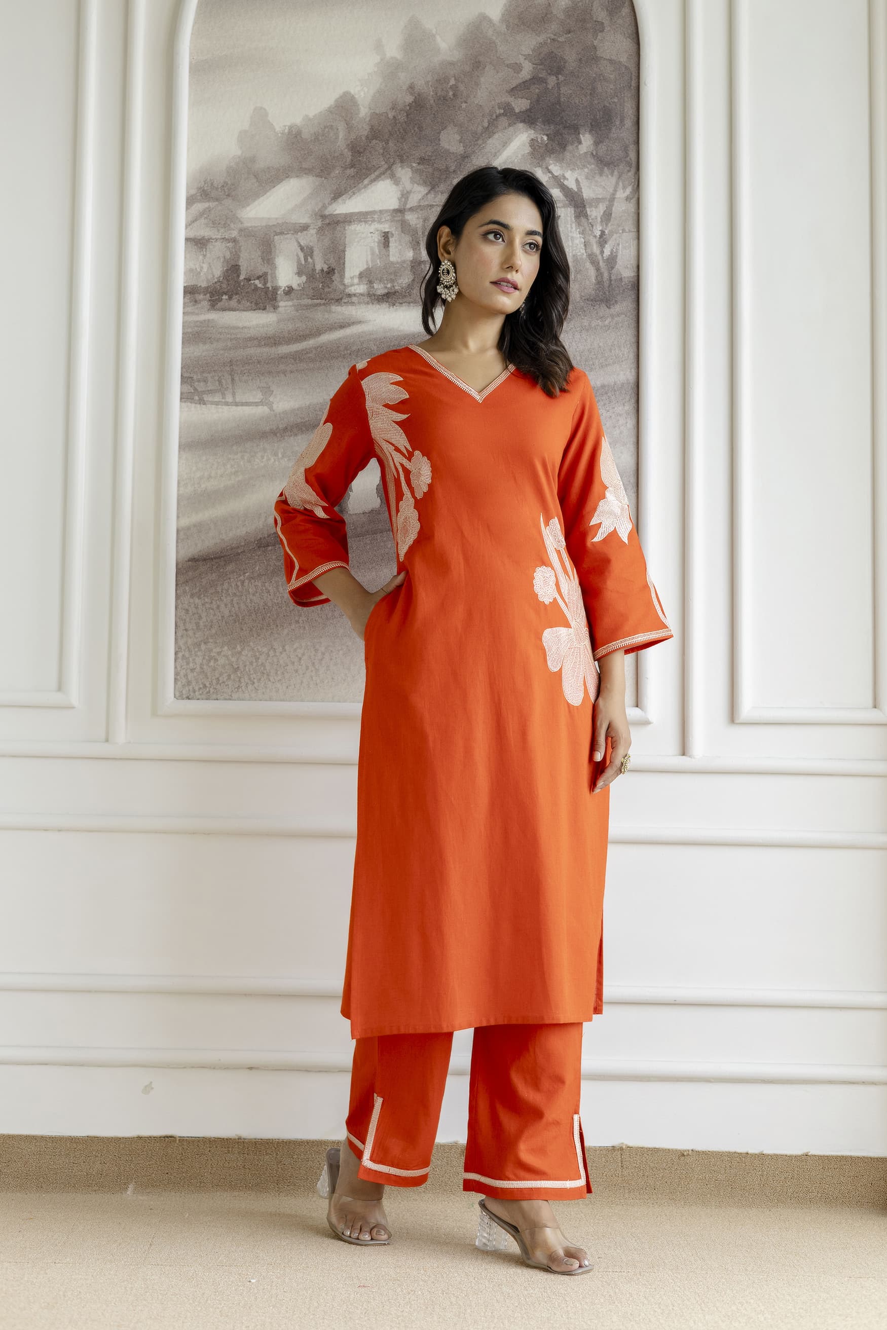 Samiha apricot embroidery Kurta pant set - Image 6