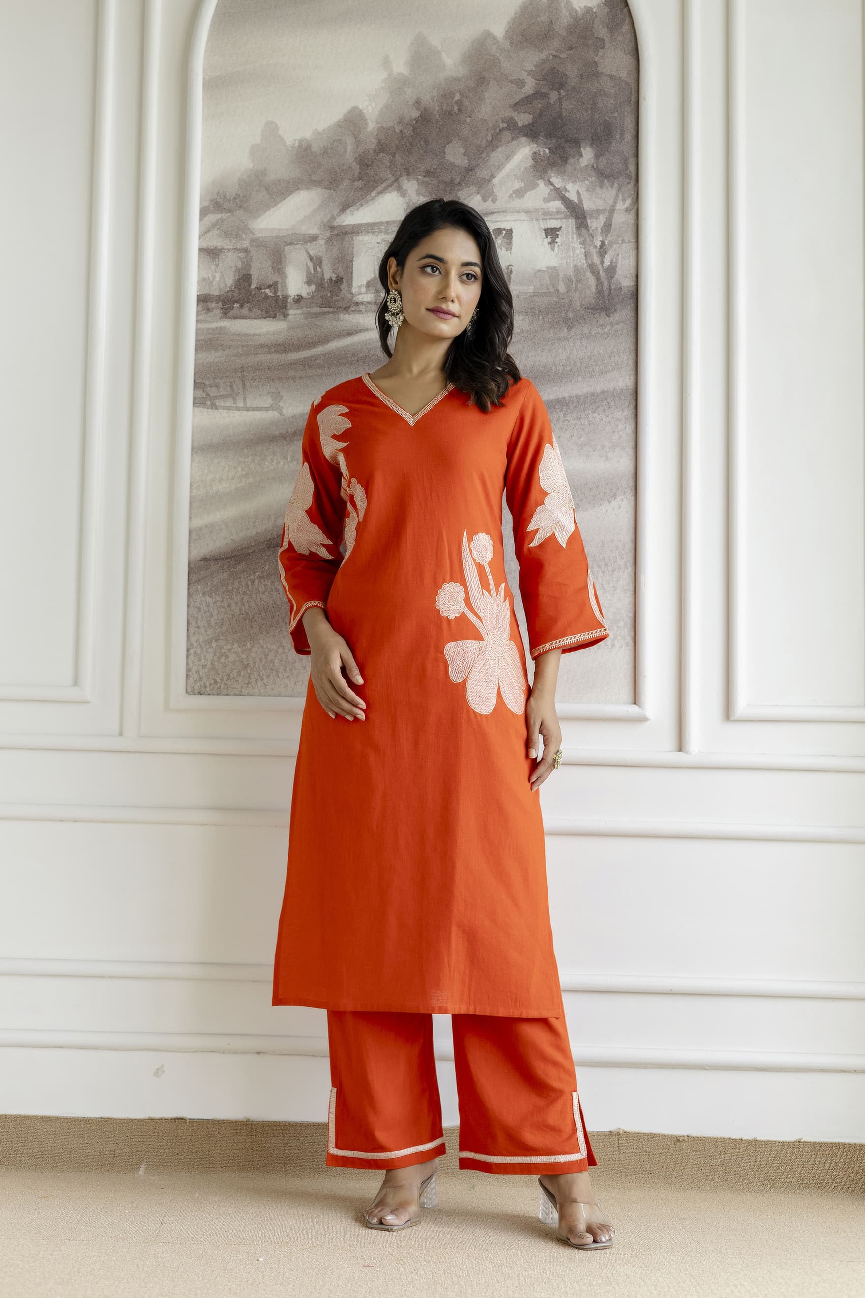 Samiha apricot embroidery Kurta pant set - Image 7