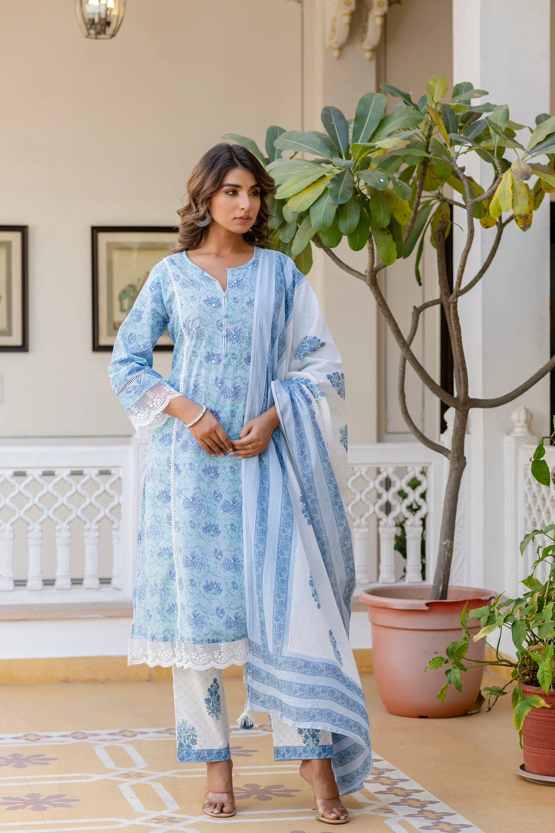 Samiha Sky Pure Cotton Suit Set - Image 5