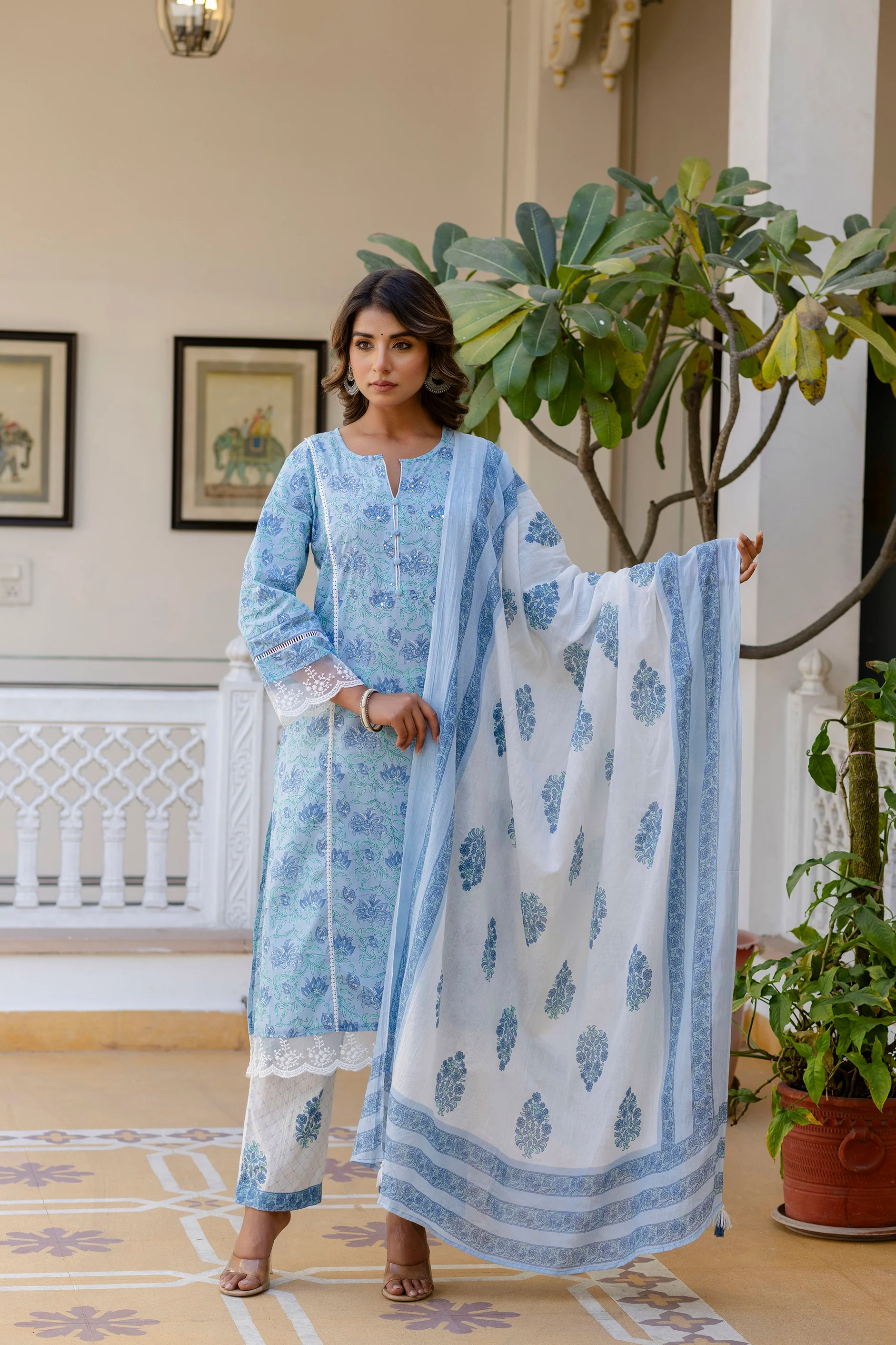 Samiha Sky Pure Cotton Suit Set - Image 6