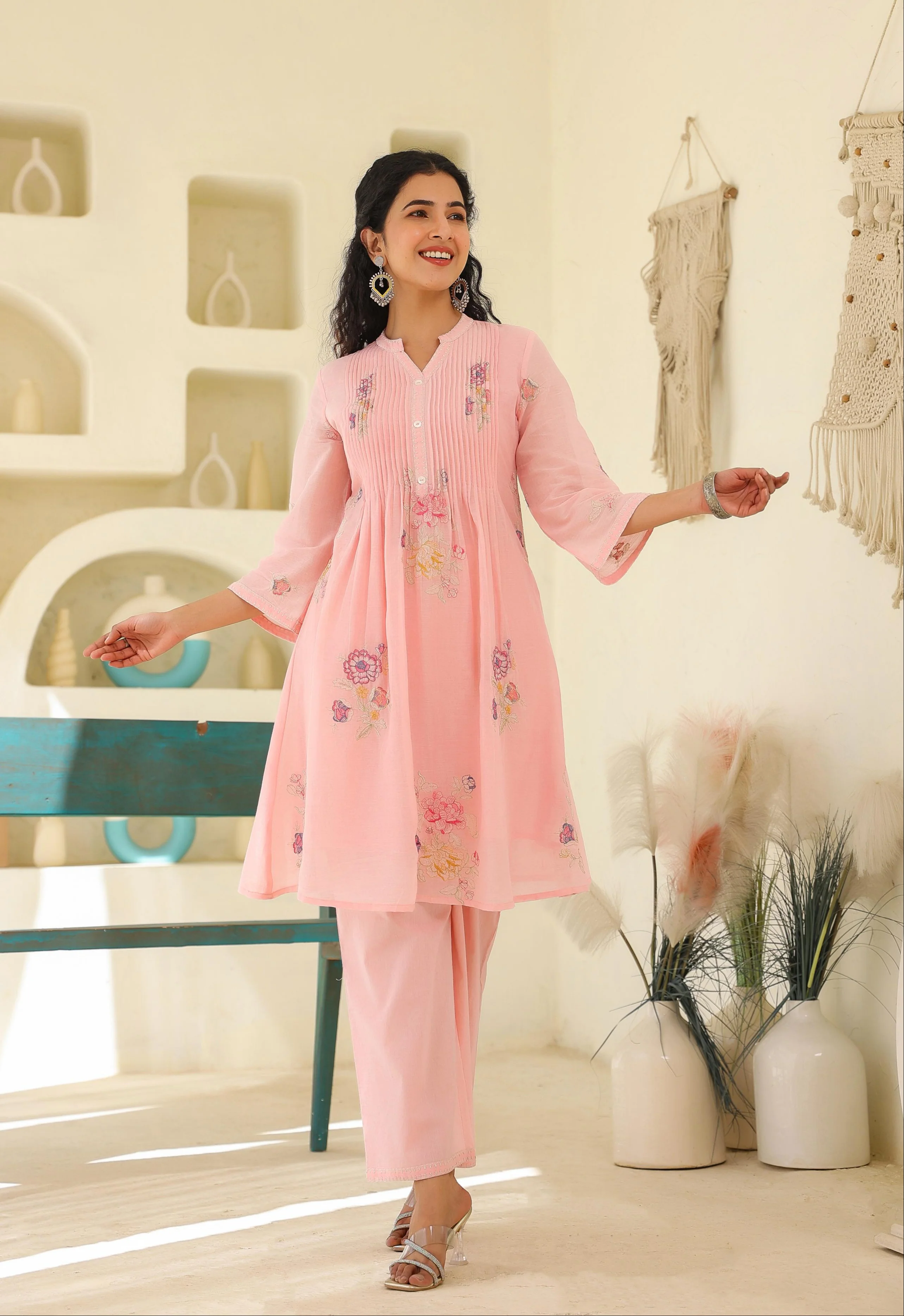 Tridhara salmon embroidery Cotton mul Co-ord Set - Image 3