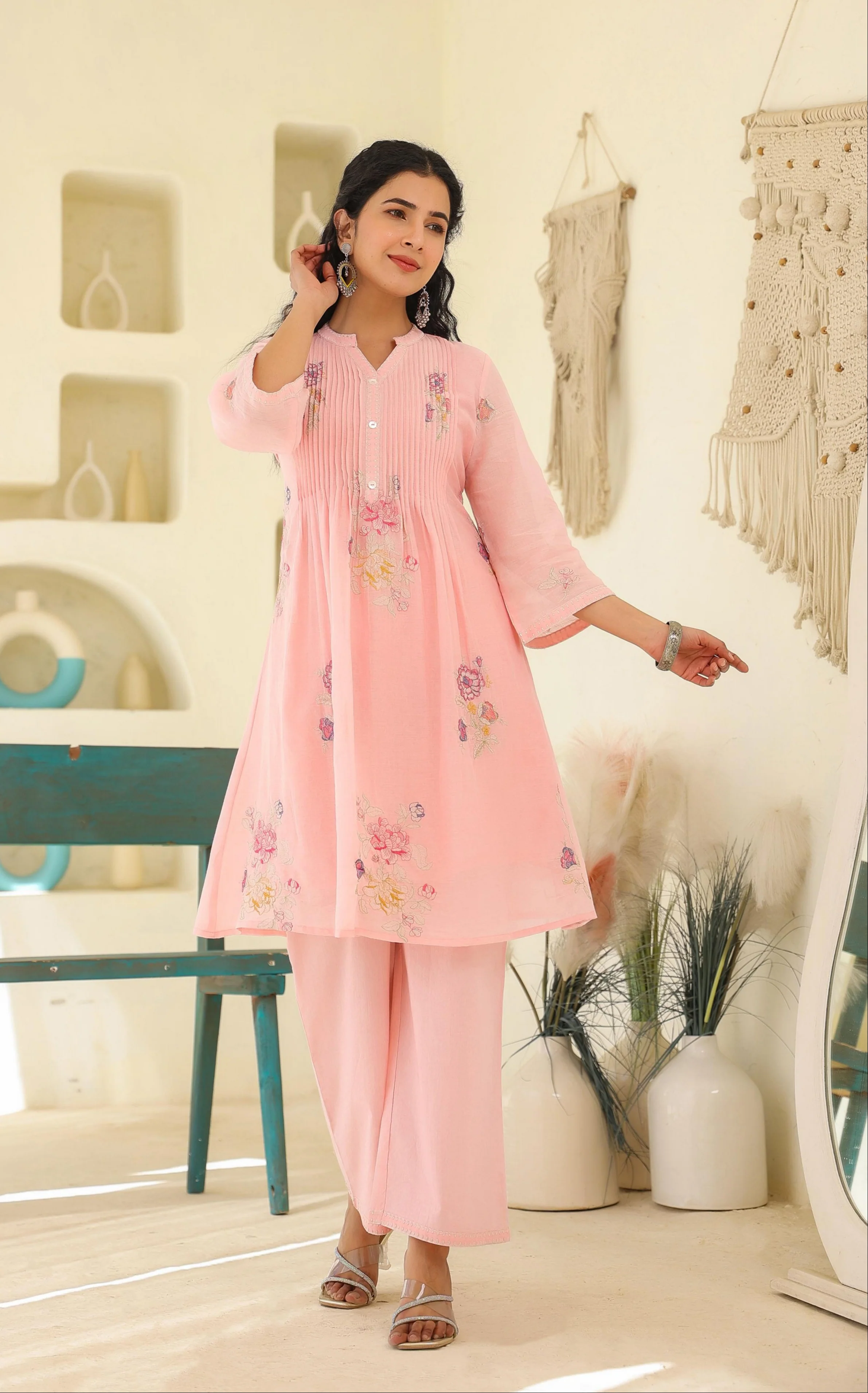 Tridhara salmon embroidery Cotton mul Co-ord Set - Image 4