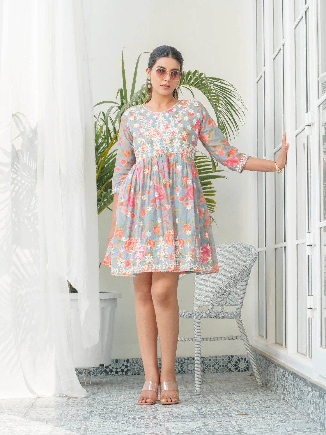 Viha Ash Floral Embroidered Cotton Dress - Image 10
