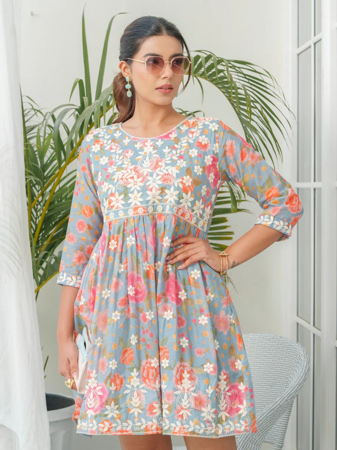 Viha Ash Floral Embroidered Cotton Dress - Image 2