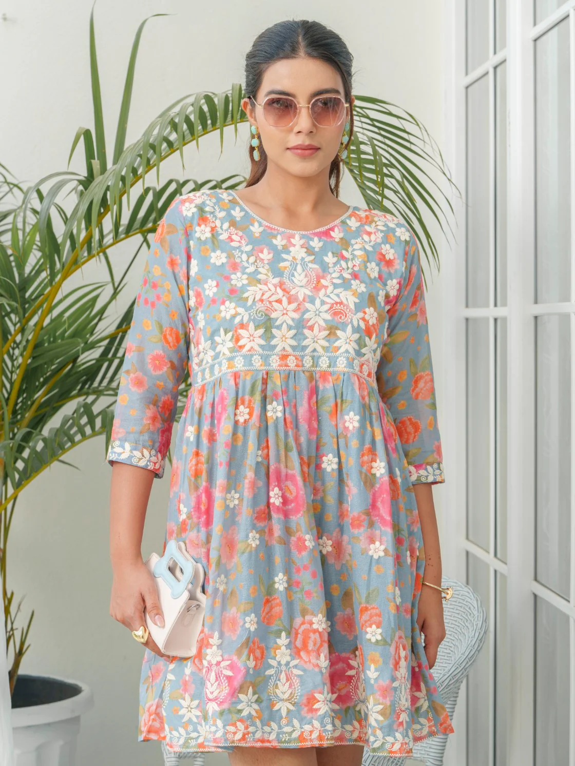 Viha Ash Floral Embroidered Cotton Dress - Image 5