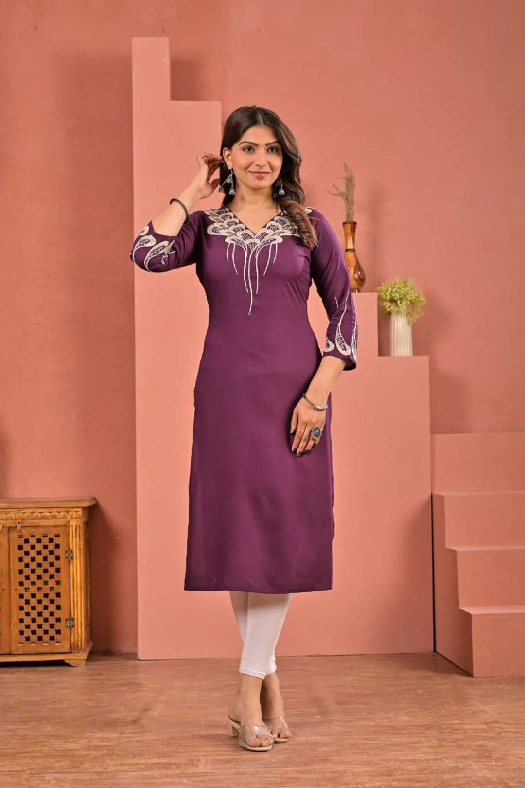 Chandri Wine Embroidered Kurti - Image 3
