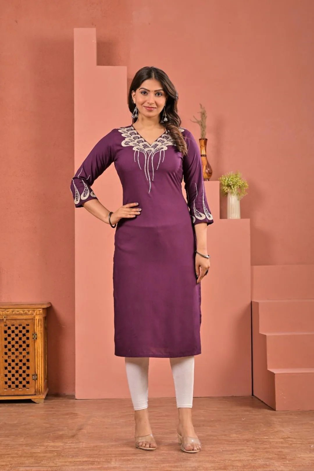 Chandri Wine Embroidered Kurti - Image 4