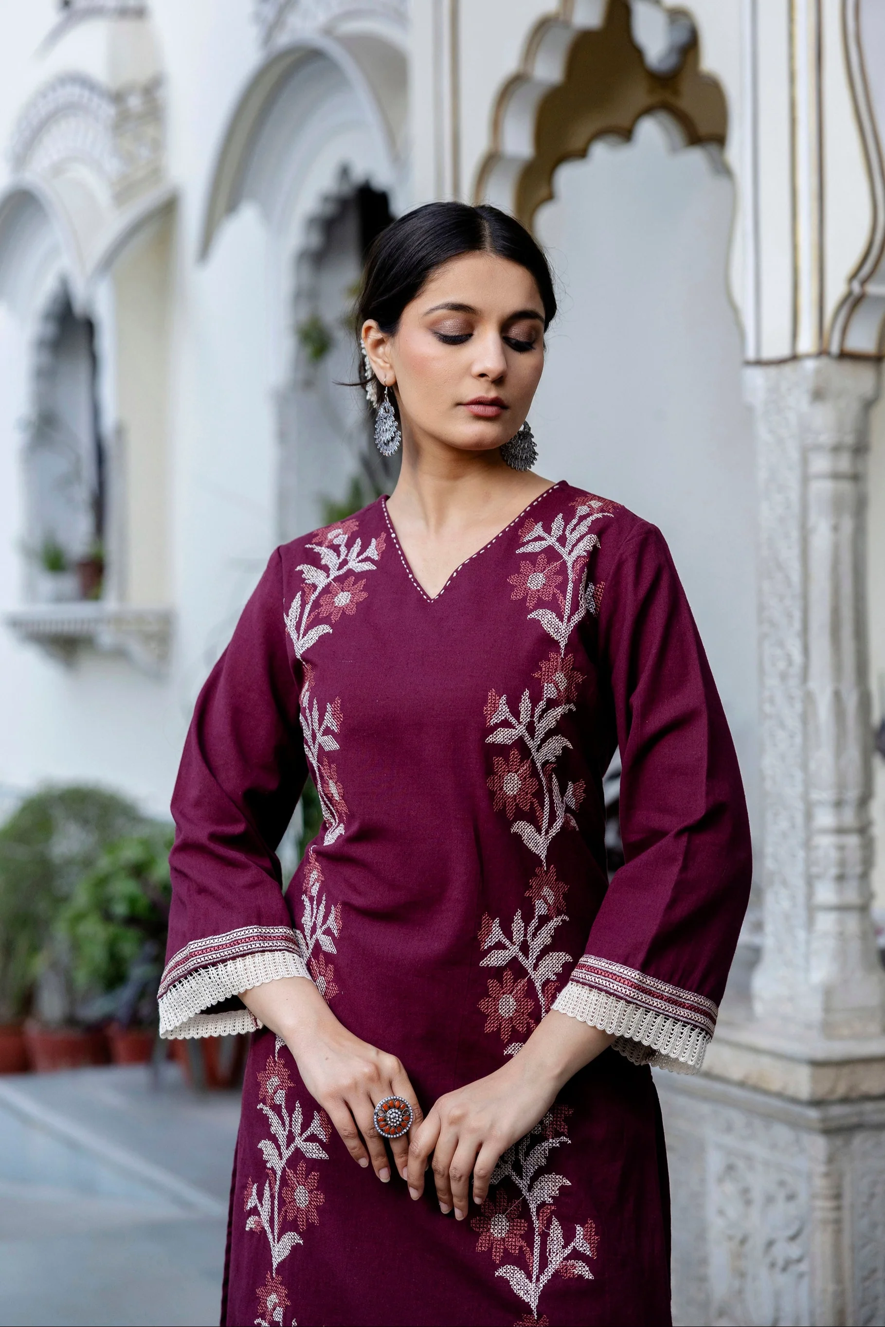 Samiha Mulberry Embroidered Cotton Kurta Pant Set - Image 2