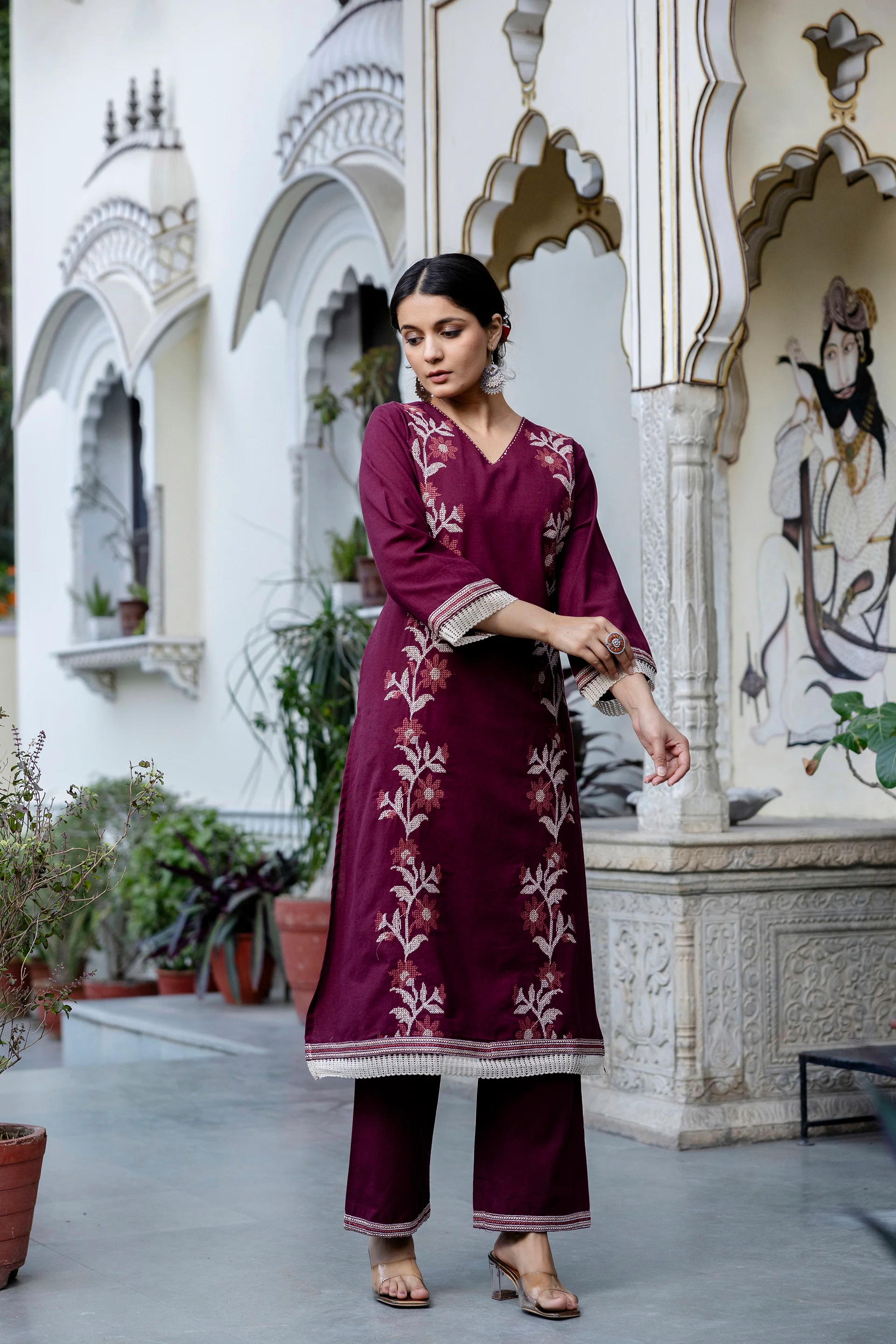 Samiha Mulberry Embroidered Cotton Kurta Pant Set - Image 4
