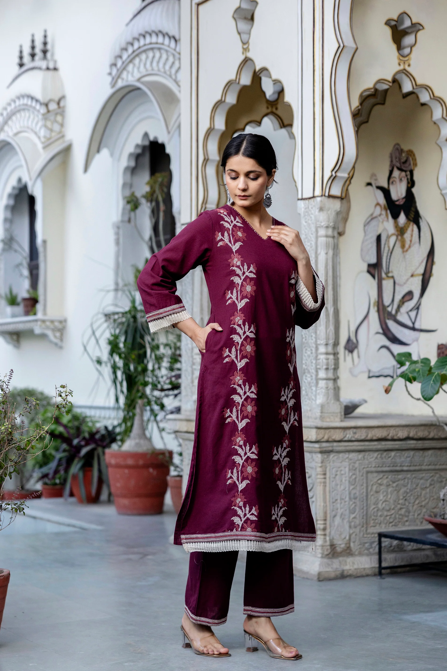 Samiha Mulberry Embroidered Cotton Kurta Pant Set - Image 5