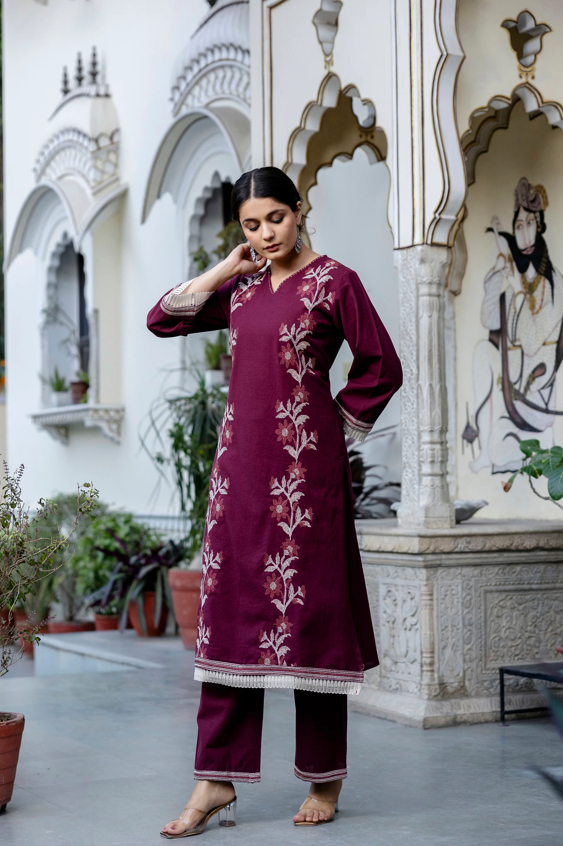 Samiha Mulberry Embroidered Cotton Kurta Pant Set - Image 6