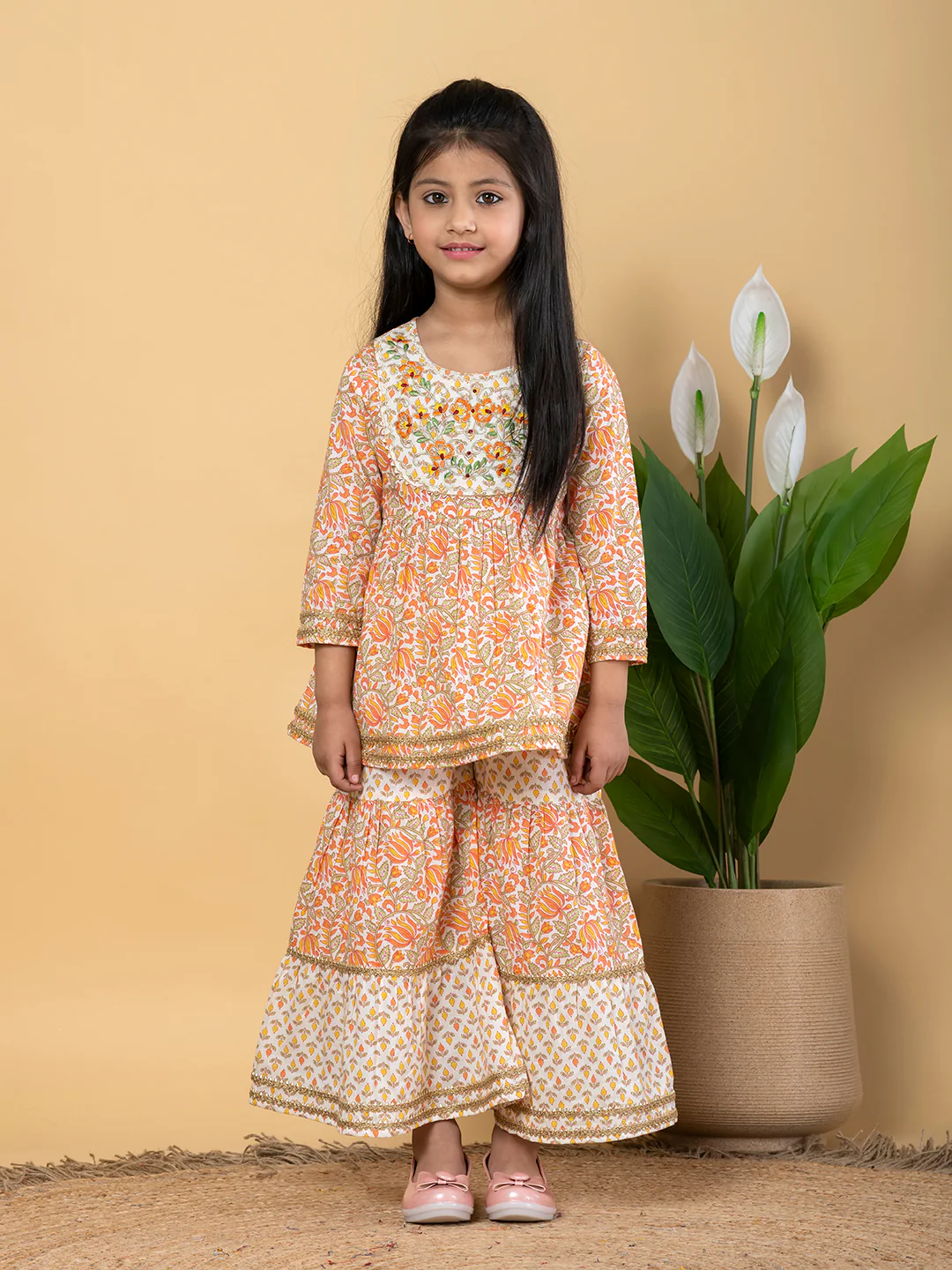 Indra Caramel Kids Pure cotton Kurta Sharara Set - Image 5