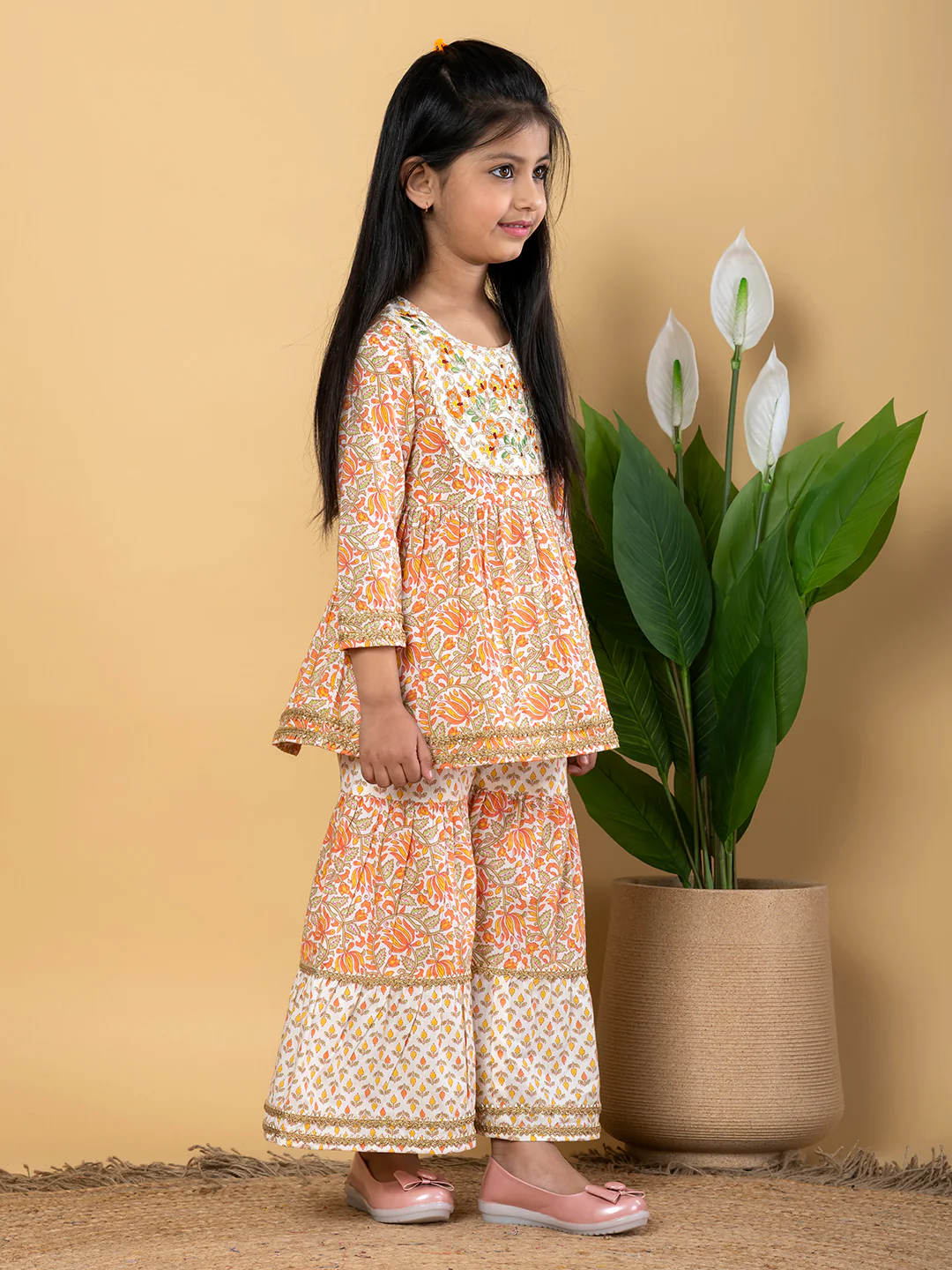 Indra Caramel Kids Pure cotton Kurta Sharara Set - Image 6