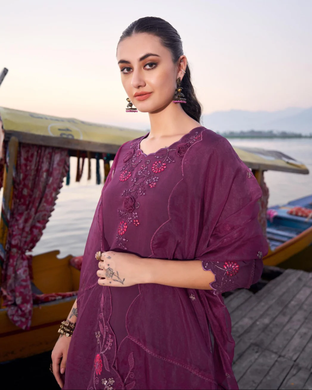 Nisha Grape Embroidered Suit Set - Image 2