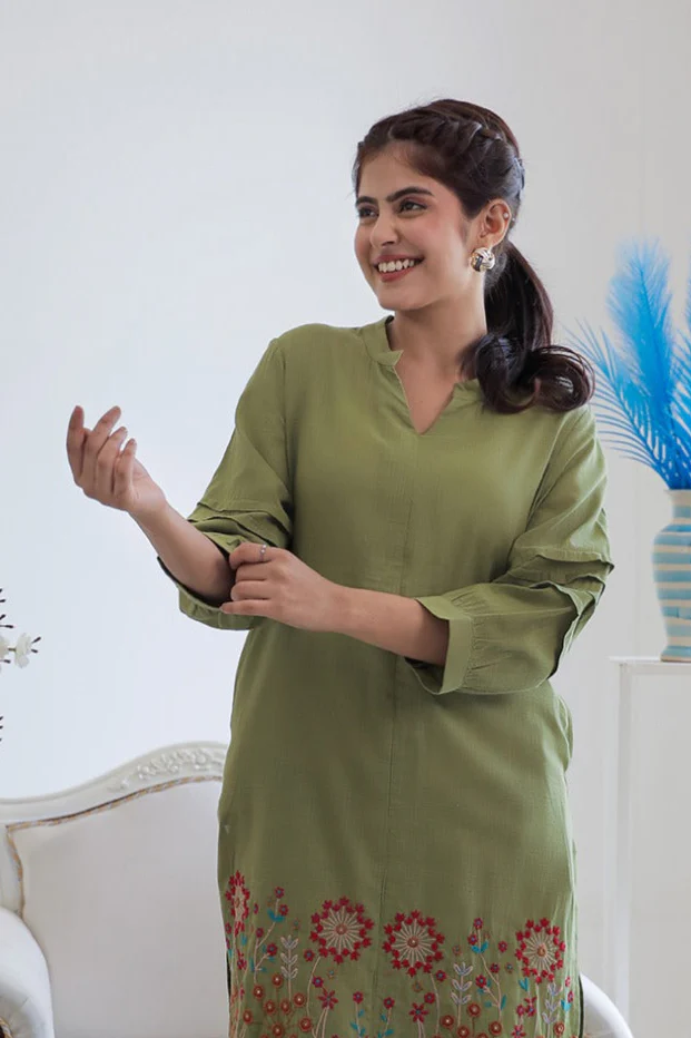 Viva forest embroidery cotton kurta pant set - Image 2