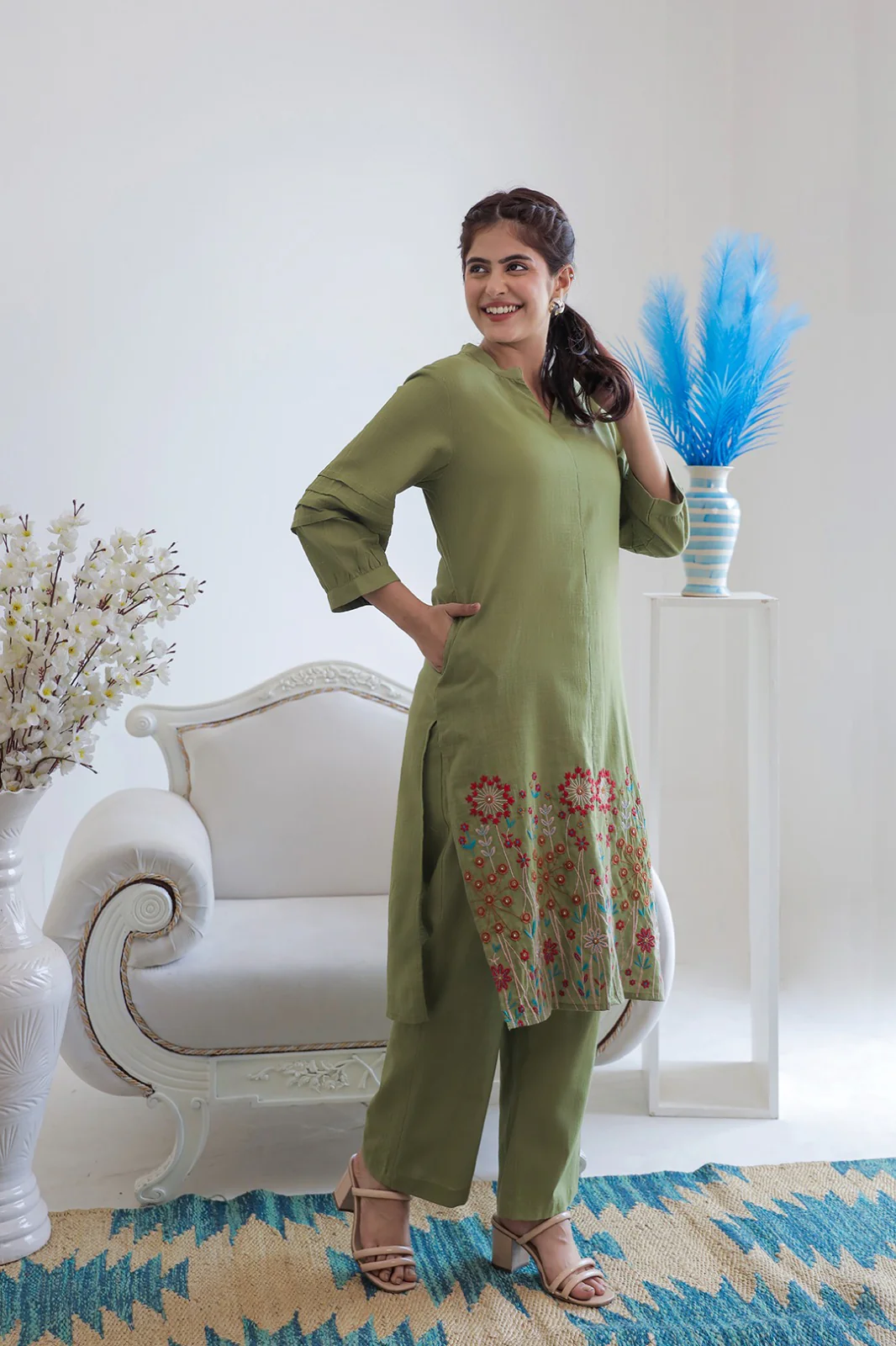 Viva forest embroidery cotton kurta pant set - Image 4