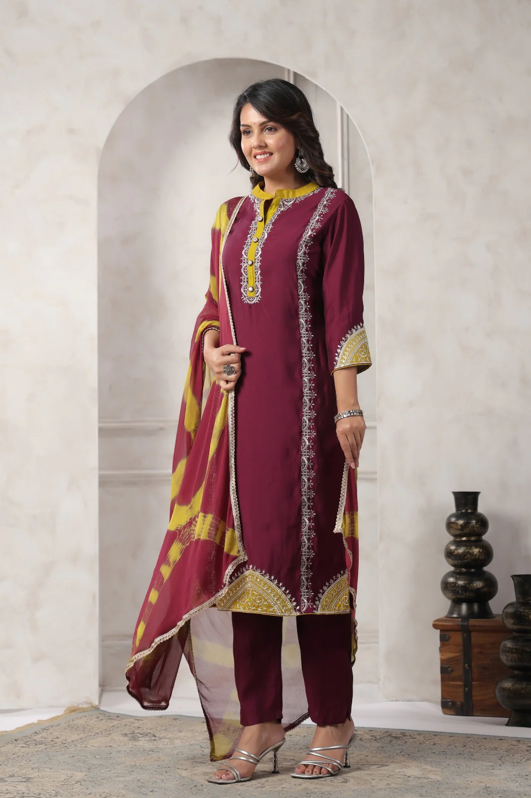 Nabha Wine Printed Work Suit Set - Image 3
