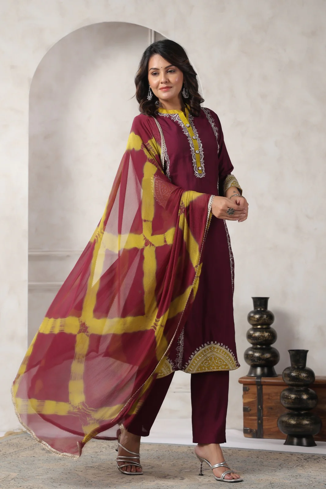 Nabha Wine Printed Work Suit Set - Image 4