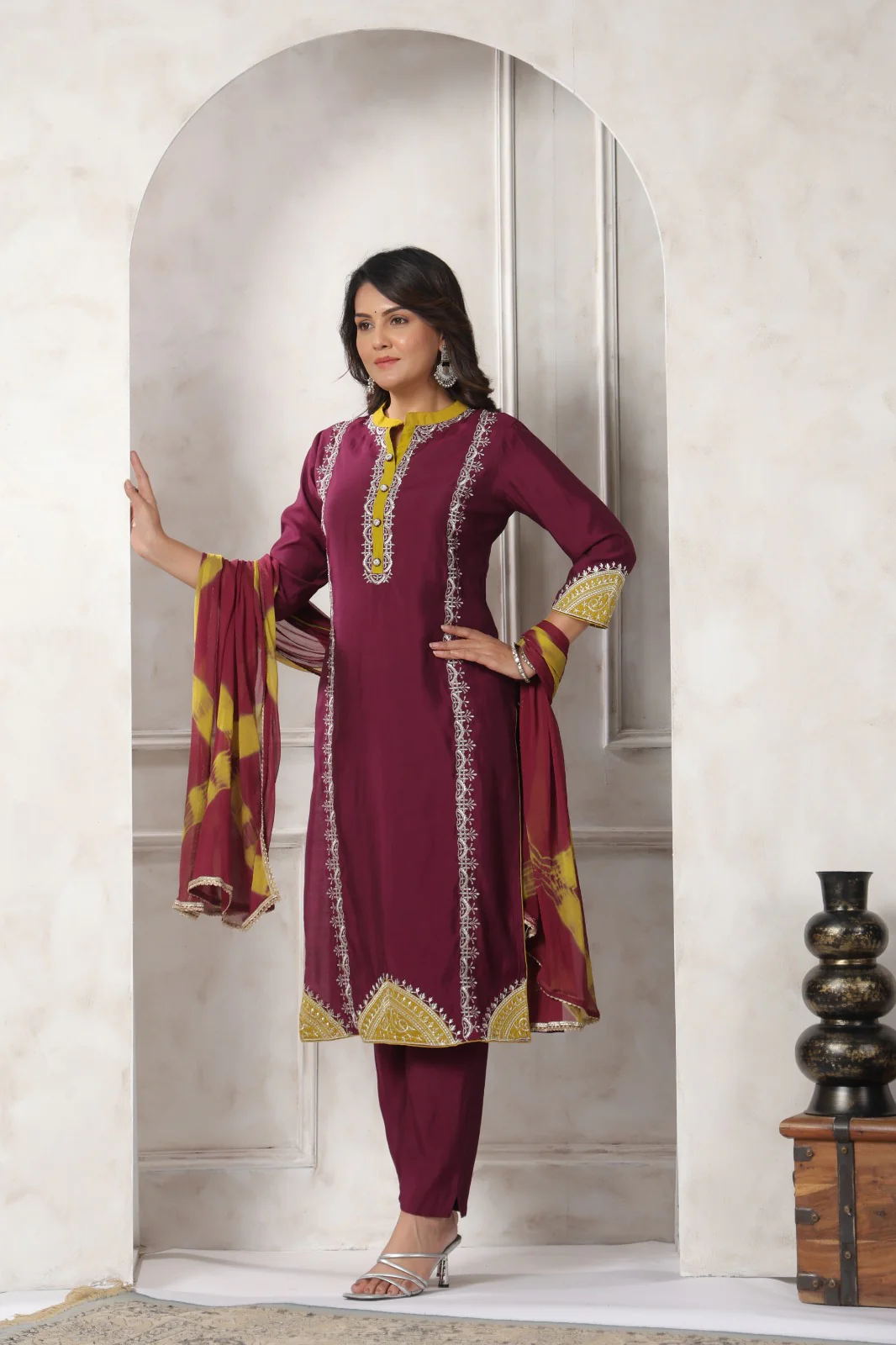 Nabha Wine Printed Work Suit Set - Image 5