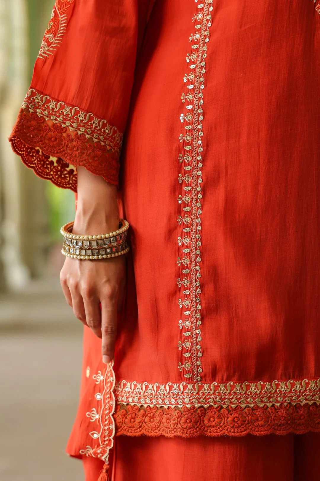 Okra Tangerine full work mul chanderi suit set - Image 11